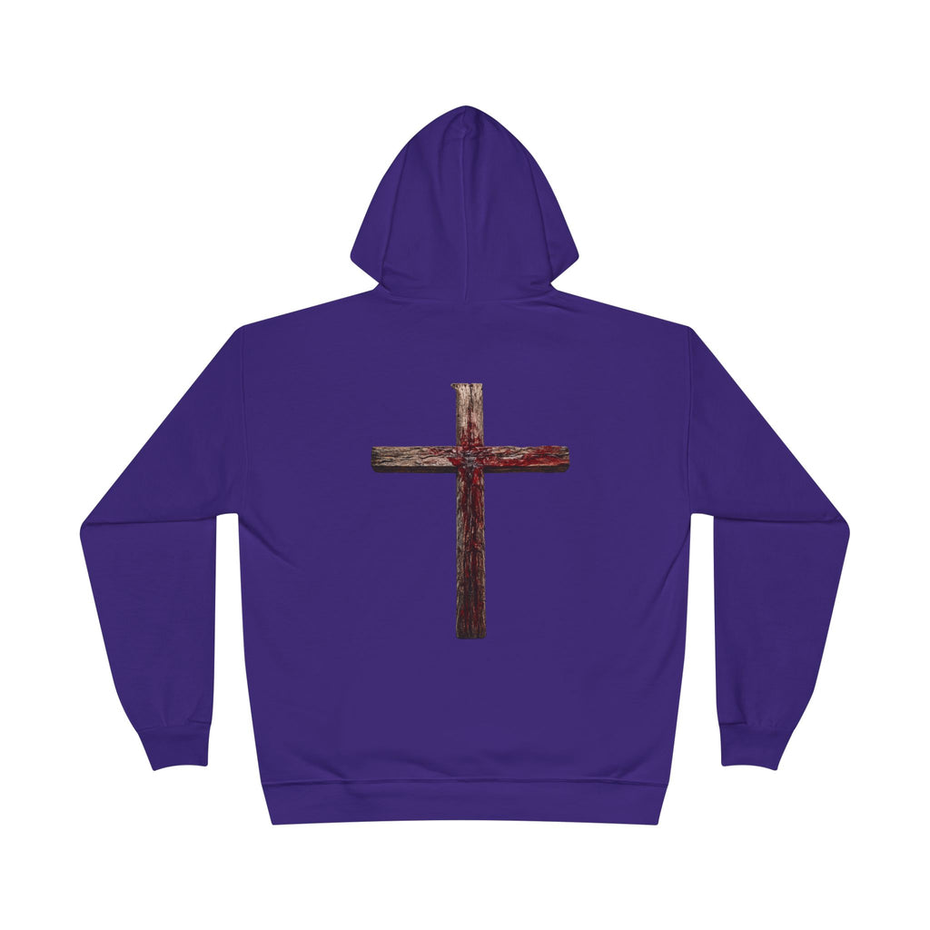 Christian Cross Hoodie — Blue Glow Front & Rustic Back Pullover