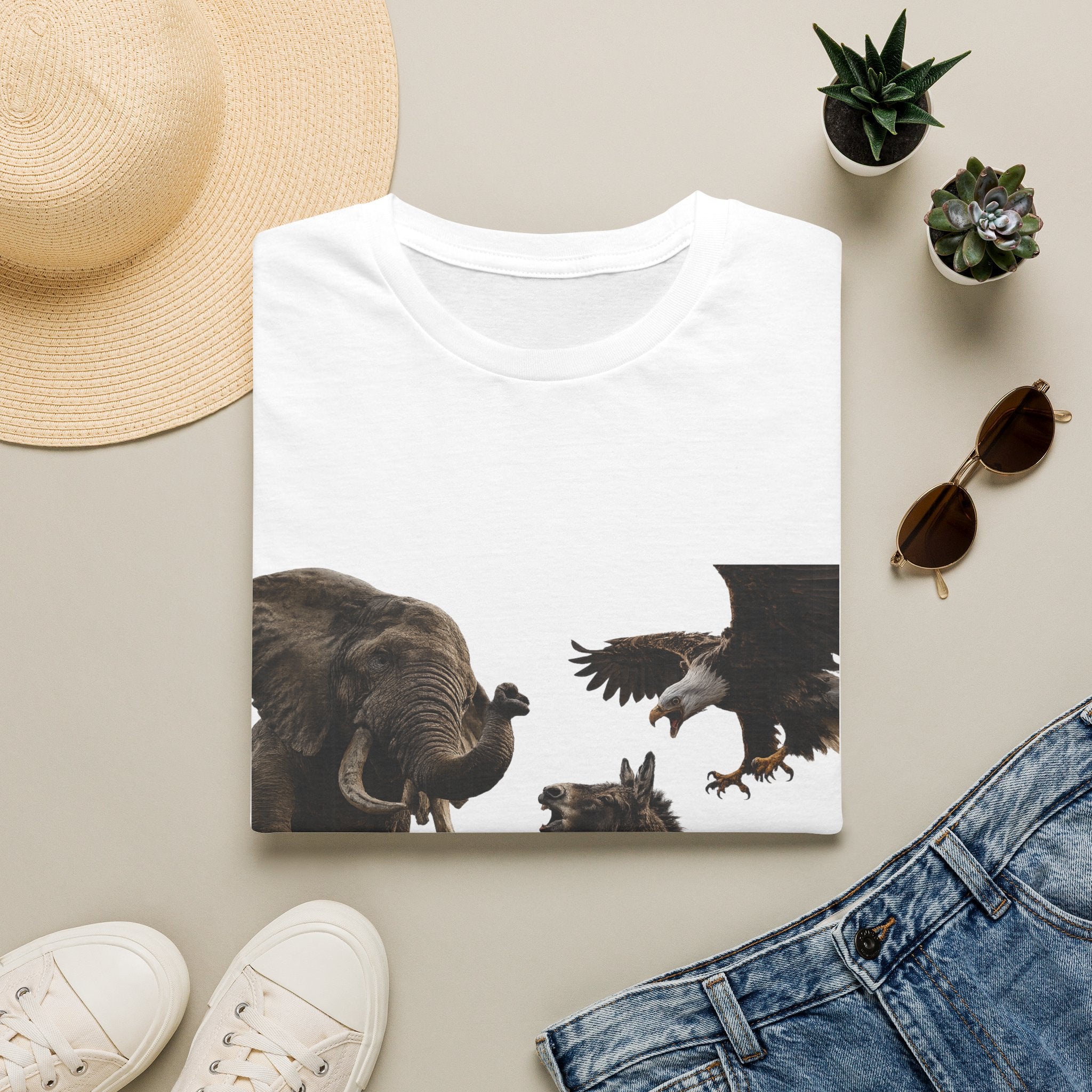 Wildlife Face-Off T-Shirt — Elephant, Eagle & Donkey Nature Scene