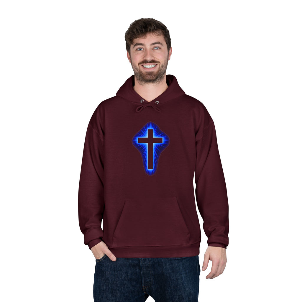 Christian Cross Hoodie — Blue Glow Front & Rustic Back Pullover
