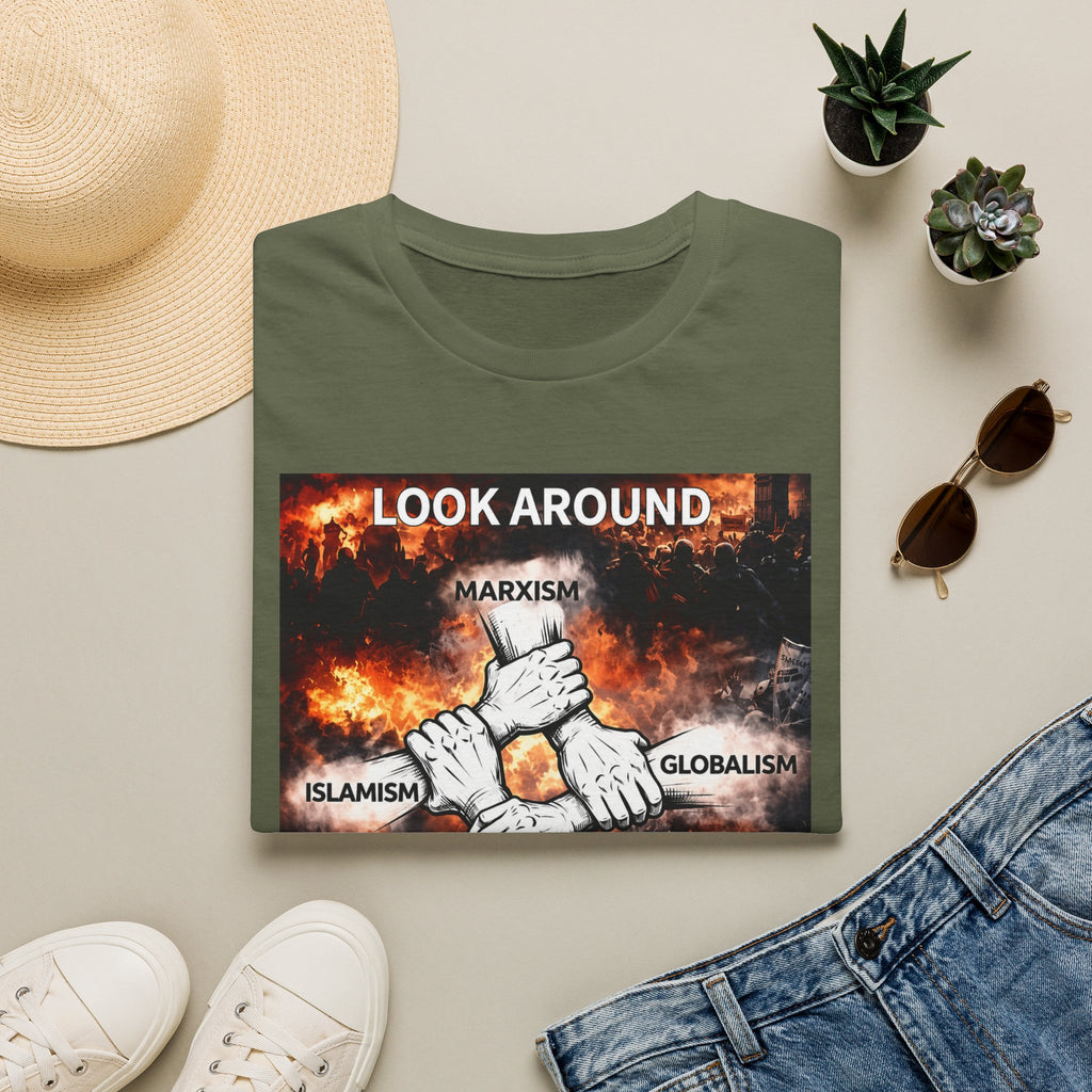 Political Graphic T-Shirt — "Look Around" Protest Design