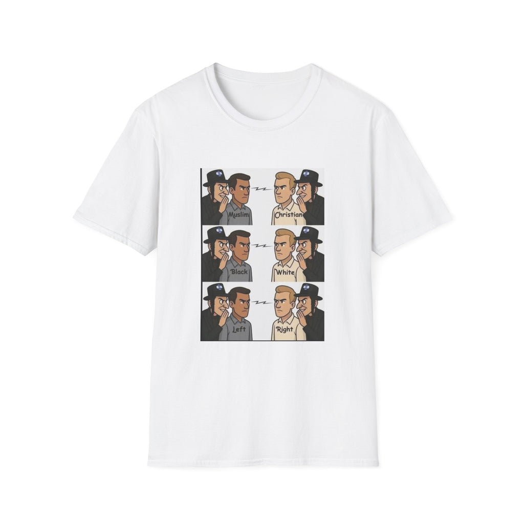 T-Shirt — Political Meme Panel Tee (Muslim vs Christian Conversation Graphic)