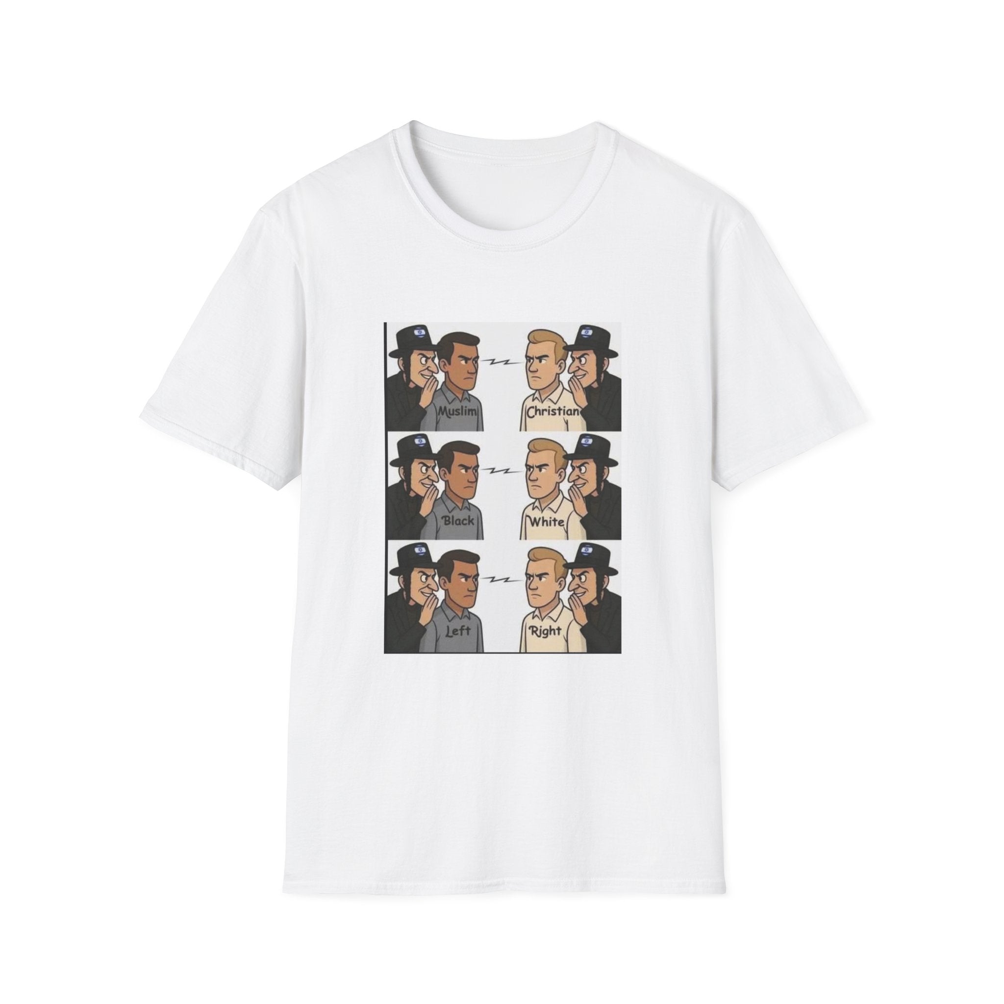 T-Shirt — Political Meme Panel Tee (Muslim vs Christian Conversation Graphic)