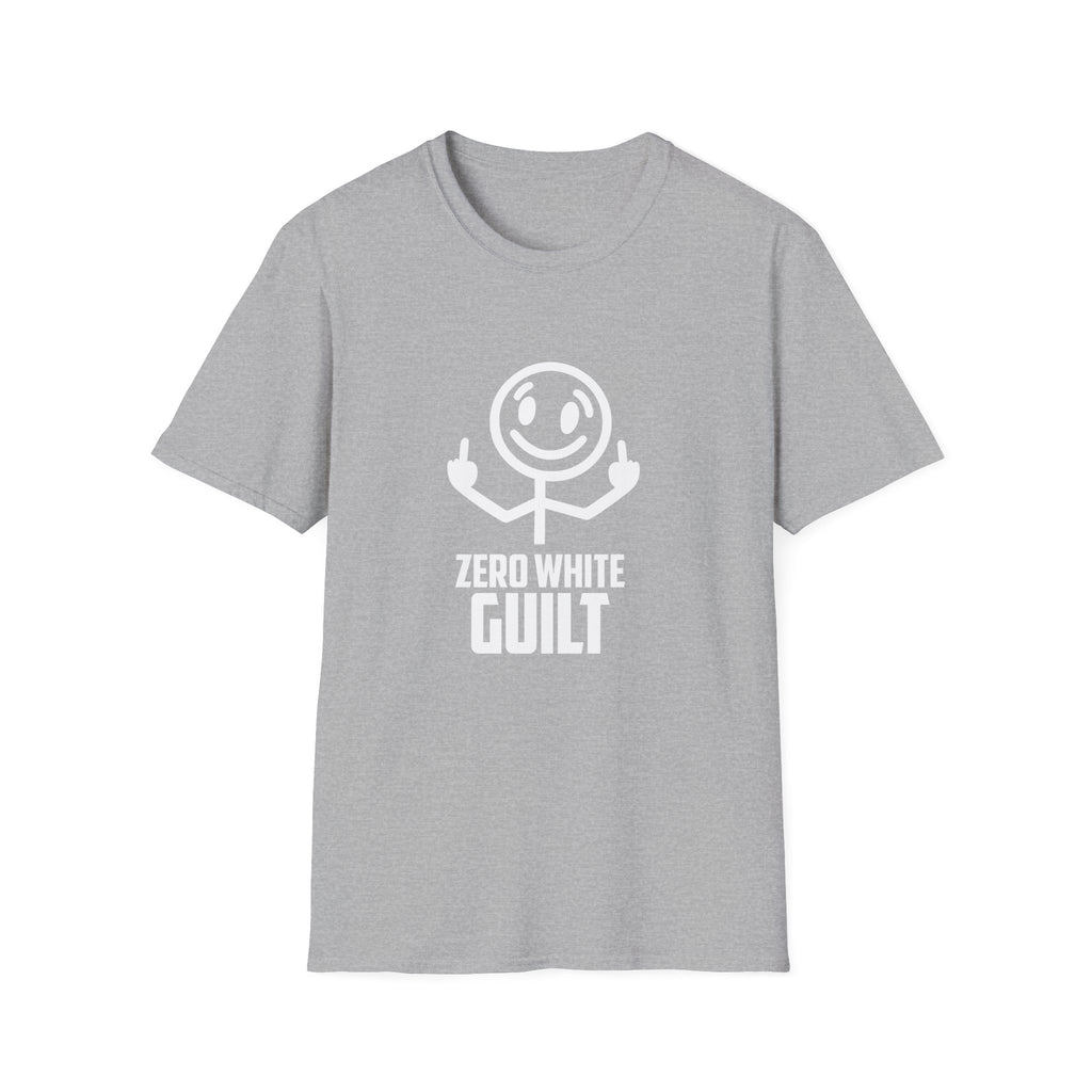 Zero White Guilt T-Shirt — Smiley Stick Figure Flipping Off Graphic Tee
