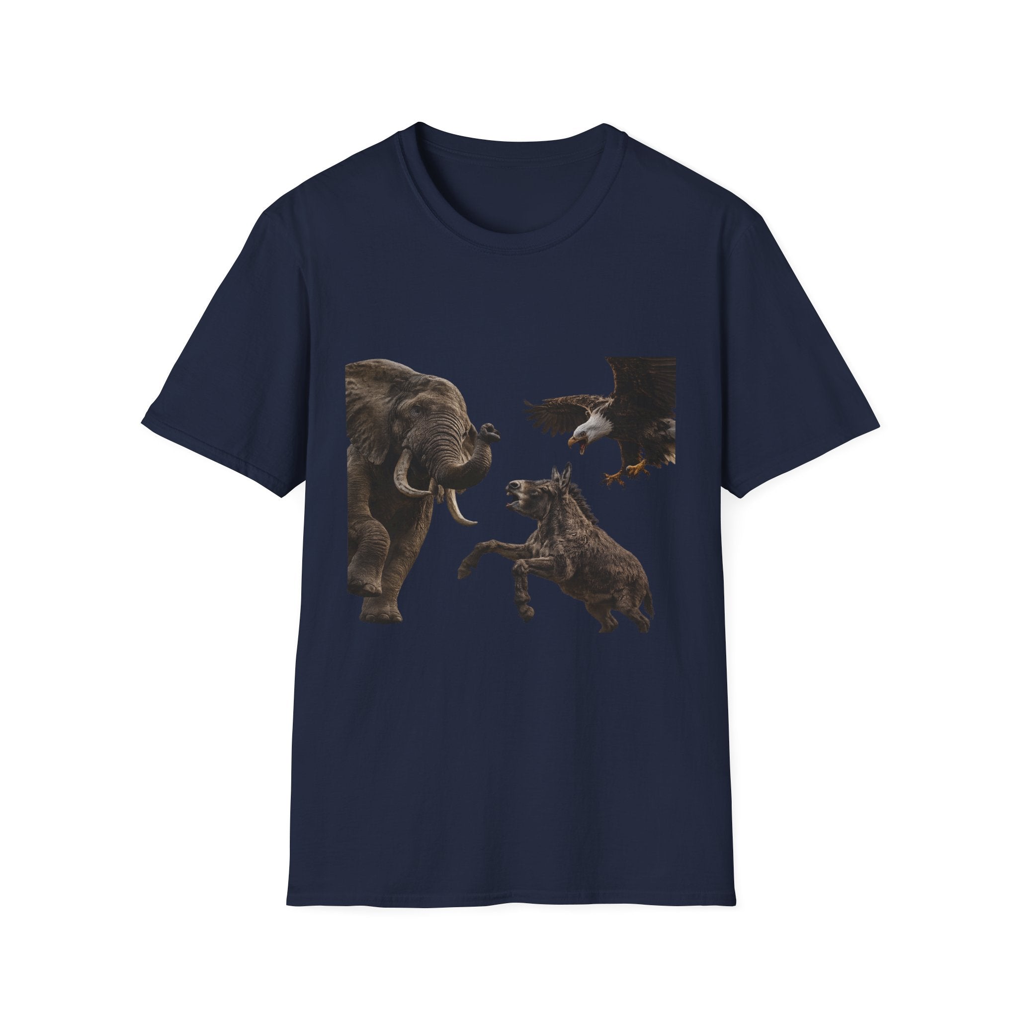Wildlife Face-Off T-Shirt — Elephant, Eagle & Donkey Nature Scene