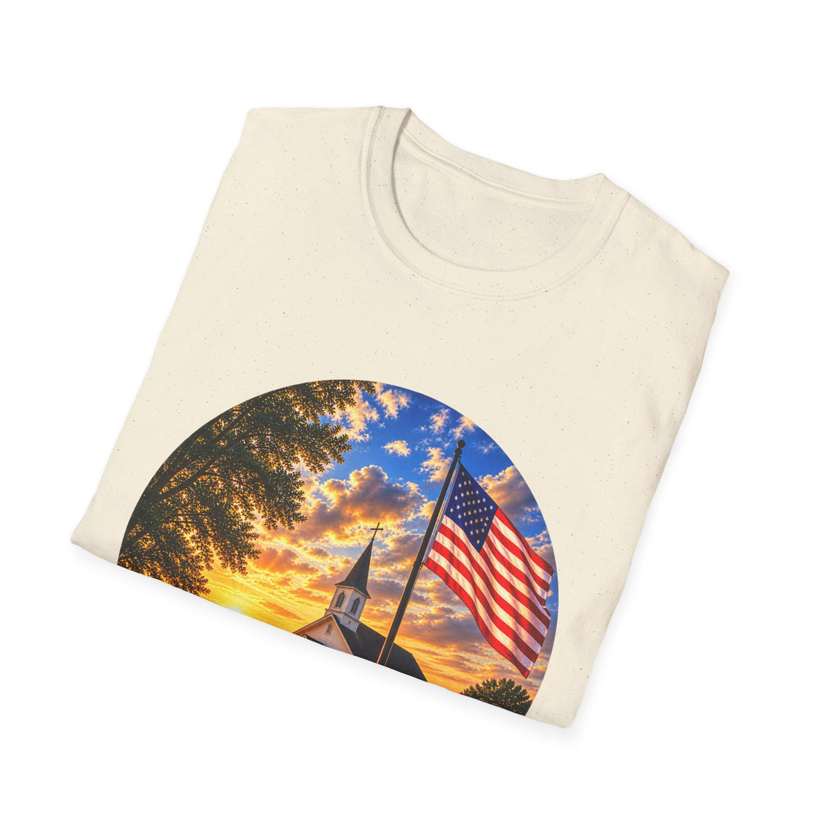 Patriotic Church Sunset T-Shirt — American Flag Chapel Scene