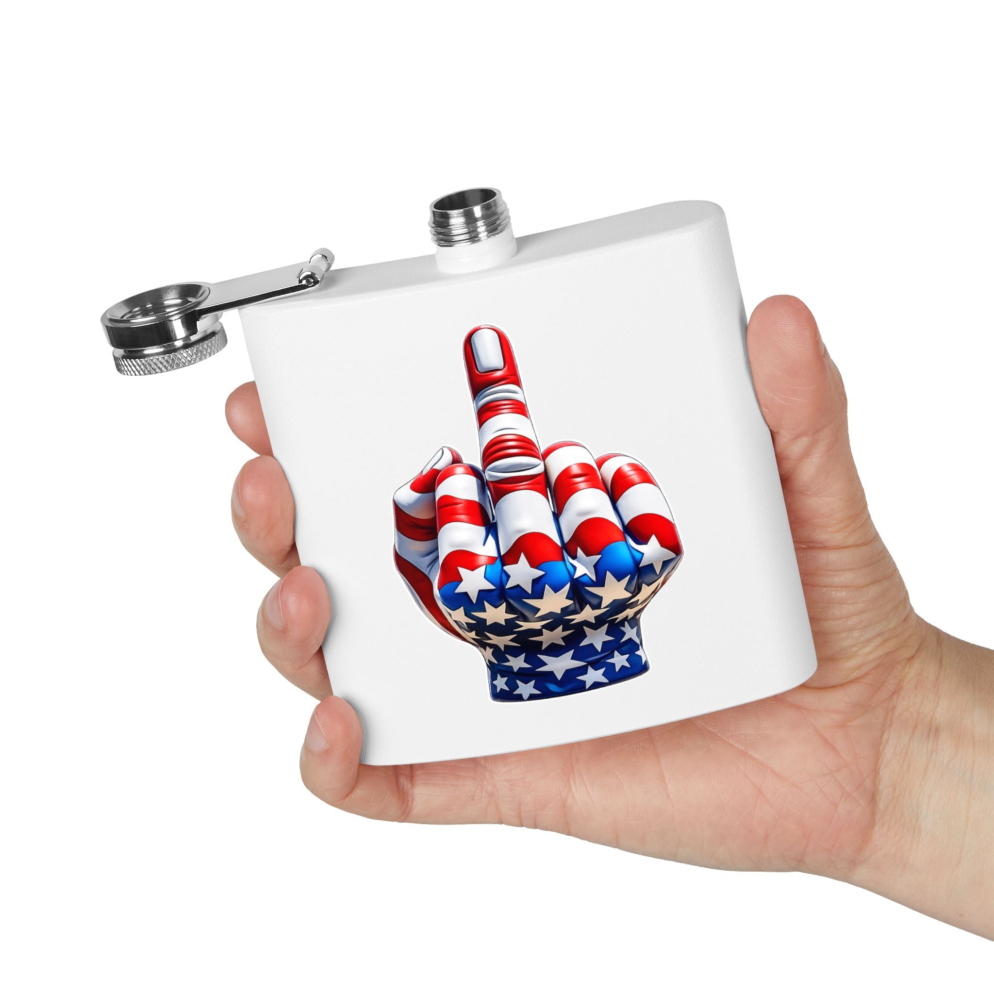 6oz Stainless Steel Flask — Patriotic Middle Finger USA Flag Design