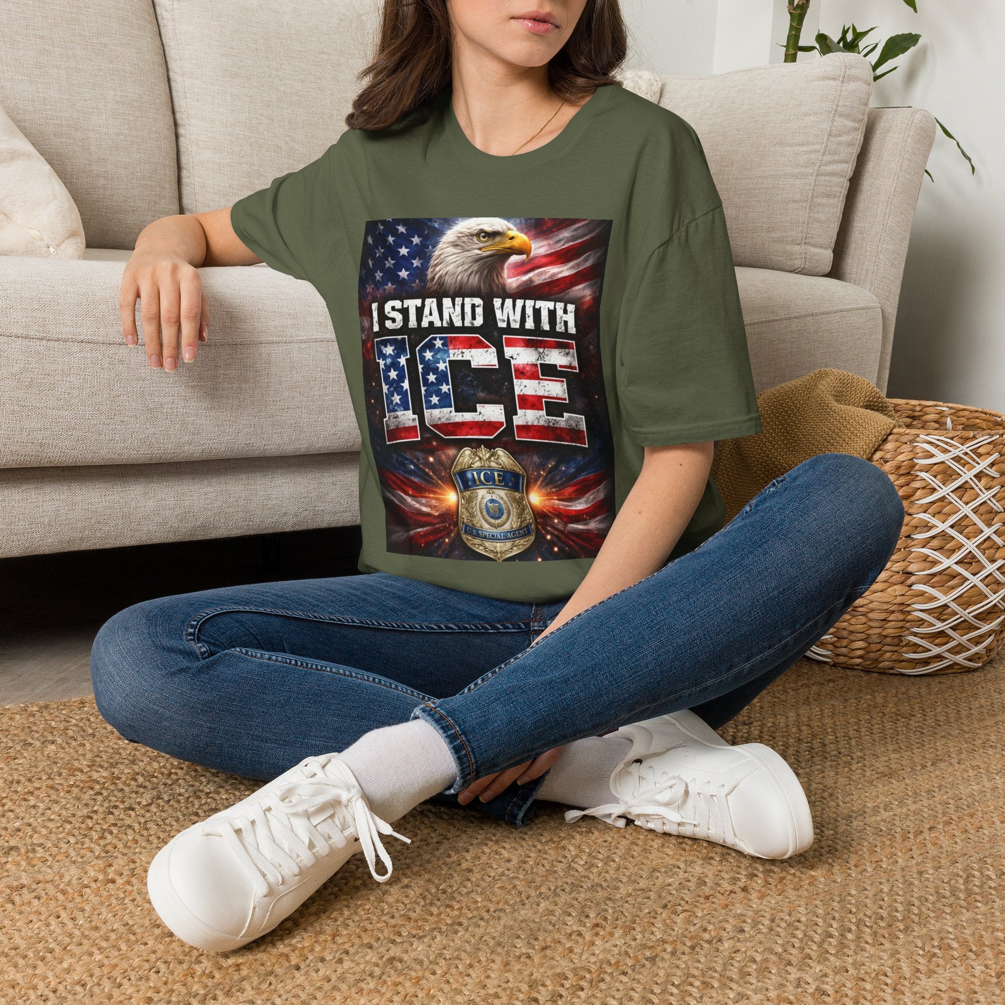 I Stand With ICE American Flag Eagle T-Shirt — Pro-ICE Patriotic Tee