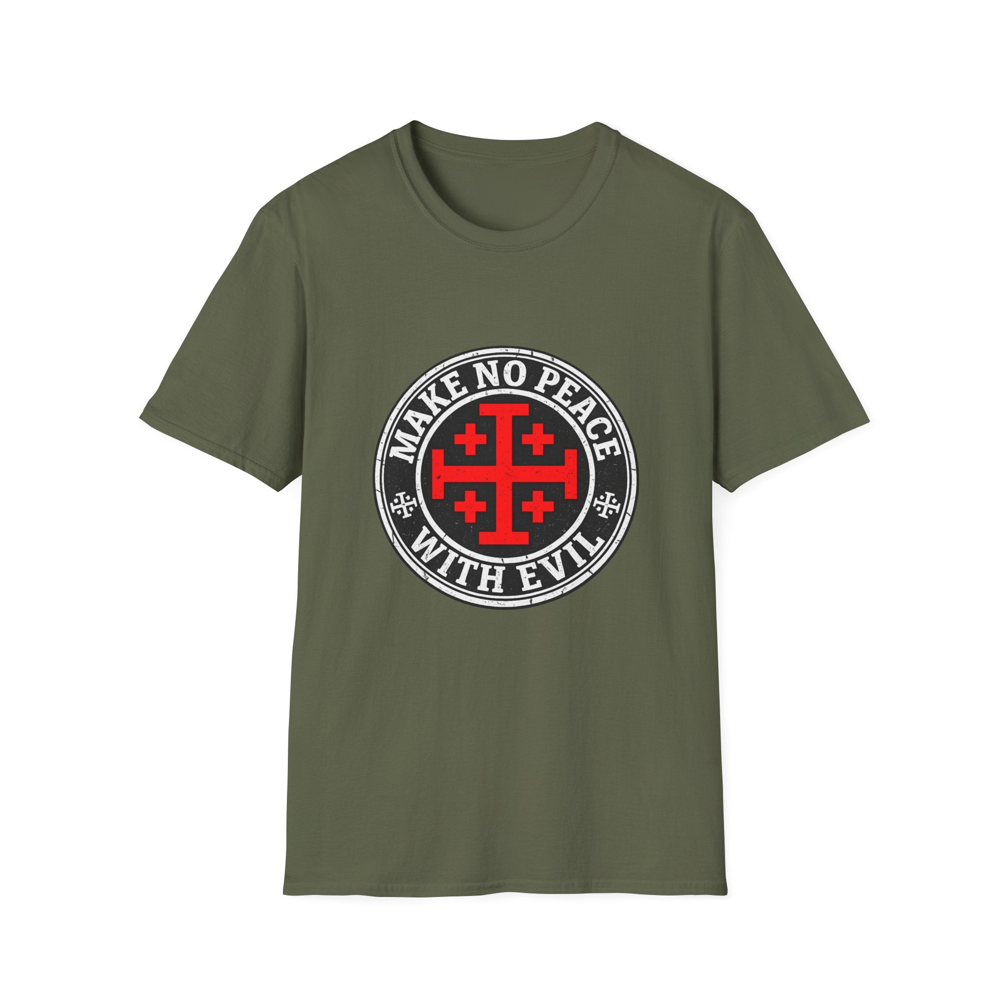 Make No Peace T-Shirt — Bold Crusader Emblem Tee ("Make No Peace With Evil")
