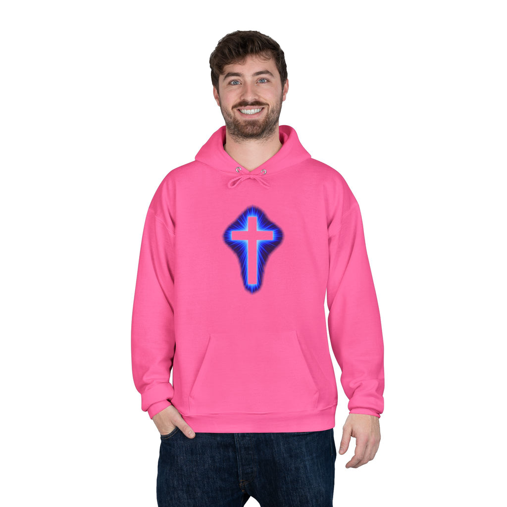 Christian Cross Hoodie — Blue Glow Front & Rustic Back Pullover
