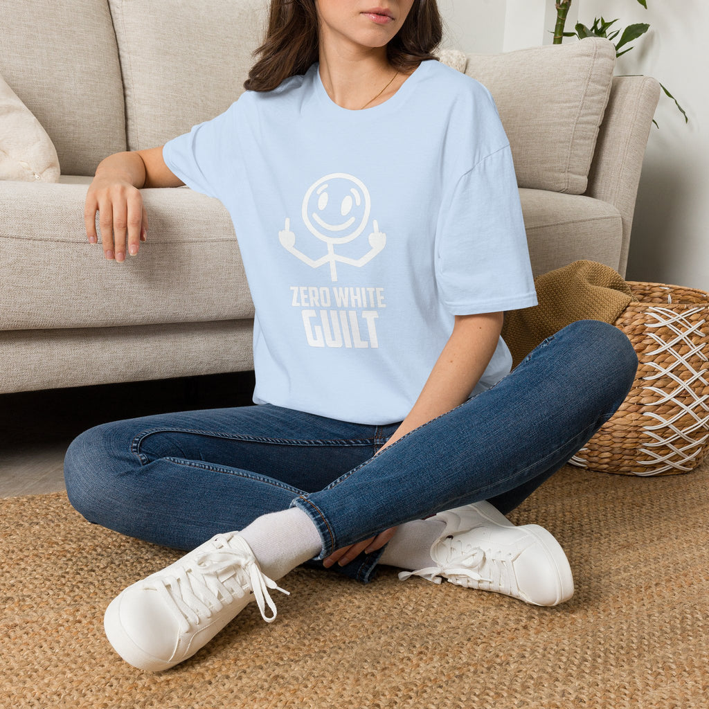 Zero White Guilt T-Shirt — Smiley Stick Figure Flipping Off Graphic Tee