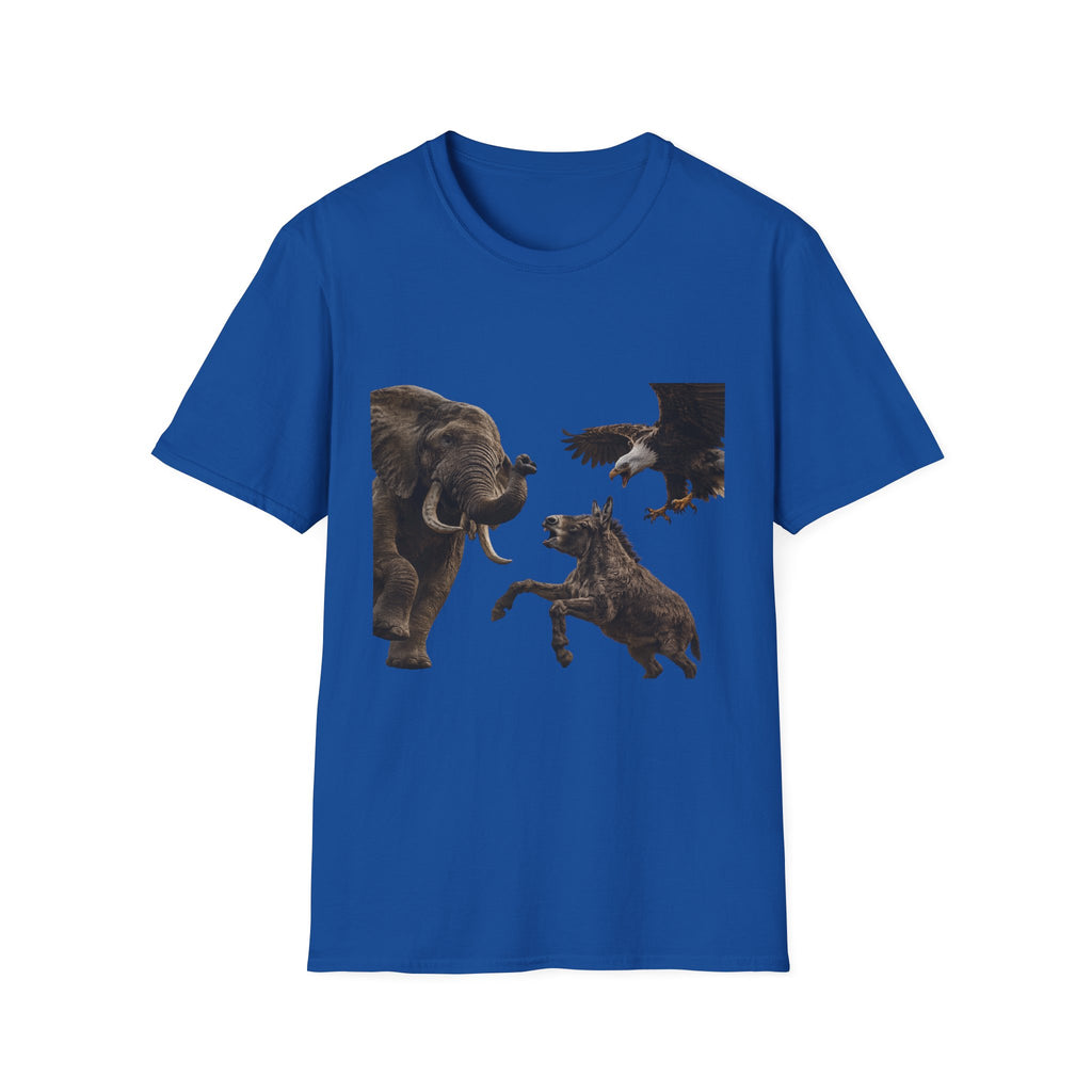 Wildlife Face-Off T-Shirt — Elephant, Eagle & Donkey Nature Scene