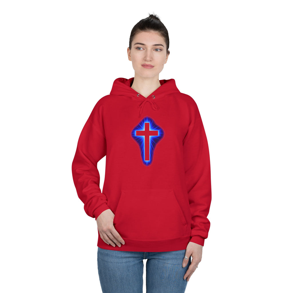 Christian Cross Hoodie — Blue Glow Front & Rustic Back Pullover