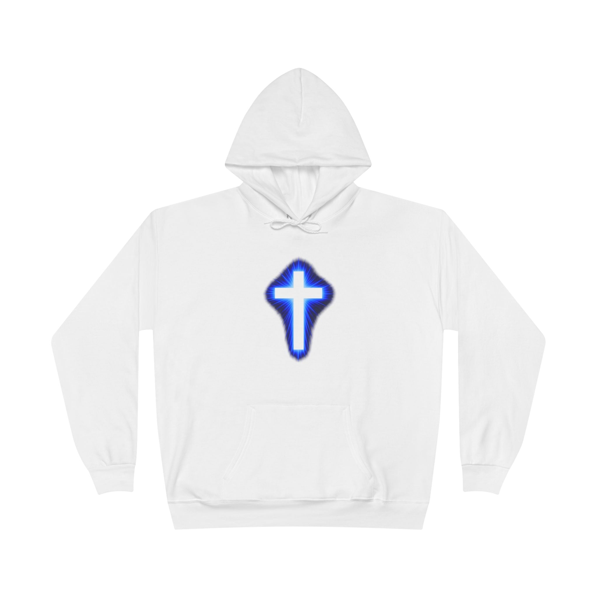Christian Cross Hoodie — Blue Glow Front & Rustic Back Pullover