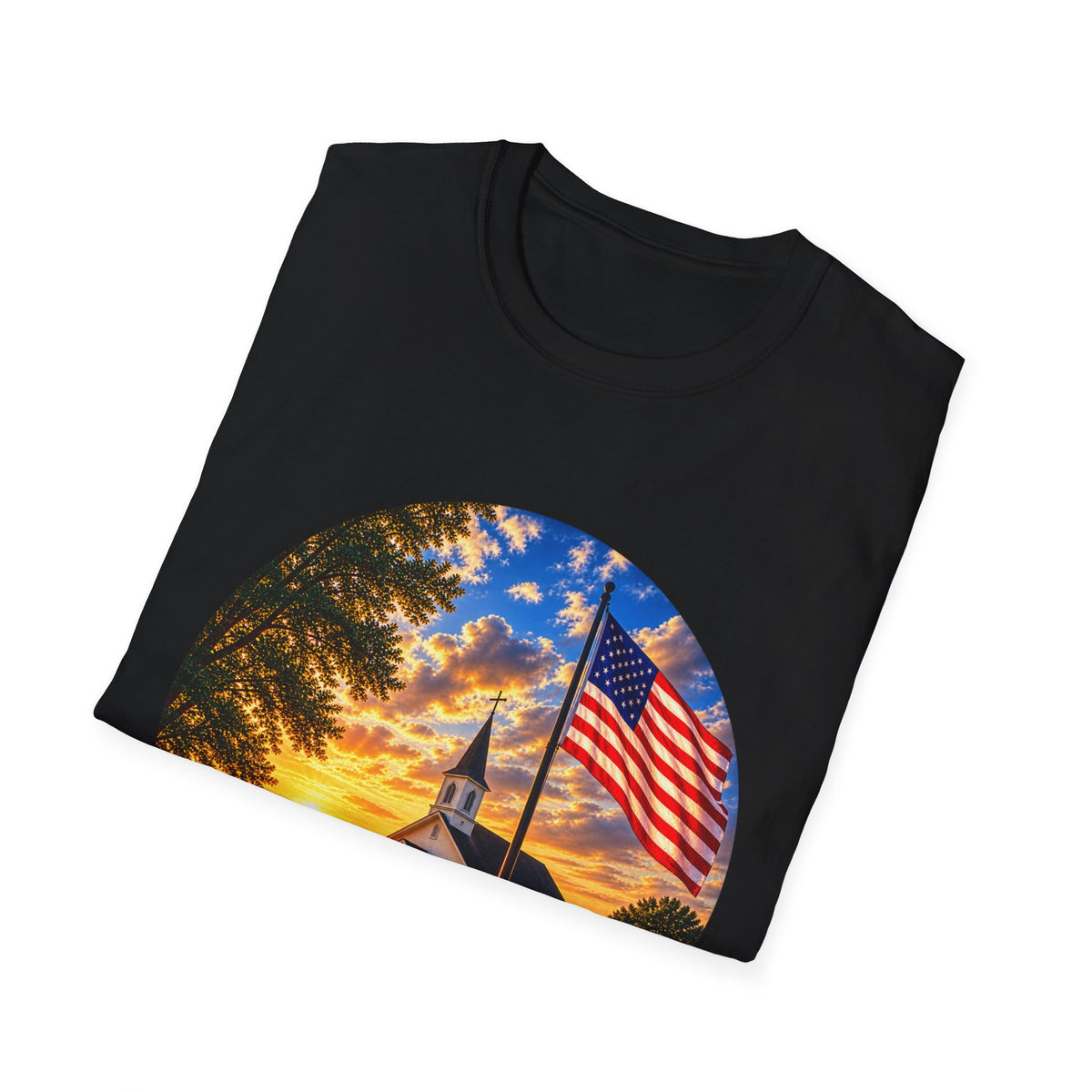 Patriotic Church Sunset T-Shirt — American Flag Chapel Scene