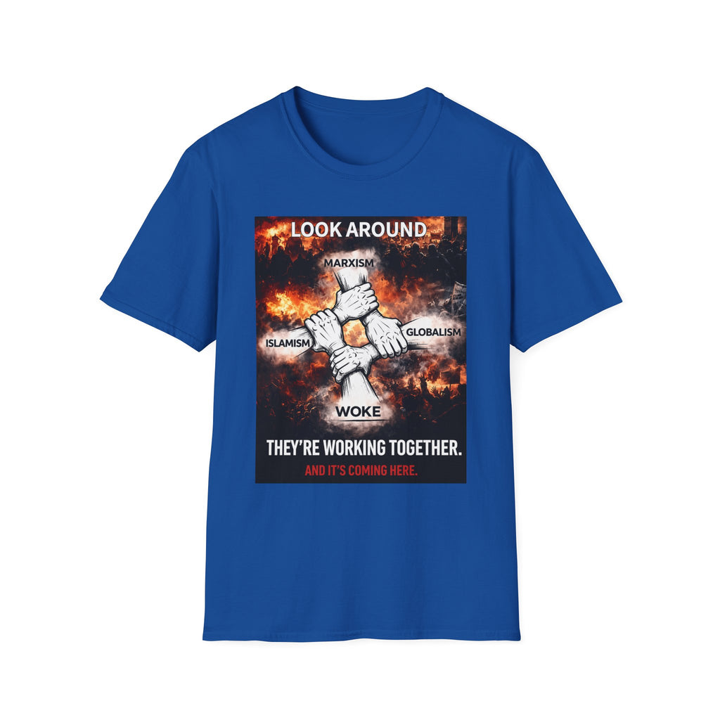 Political Graphic T-Shirt — "Look Around" Protest Design