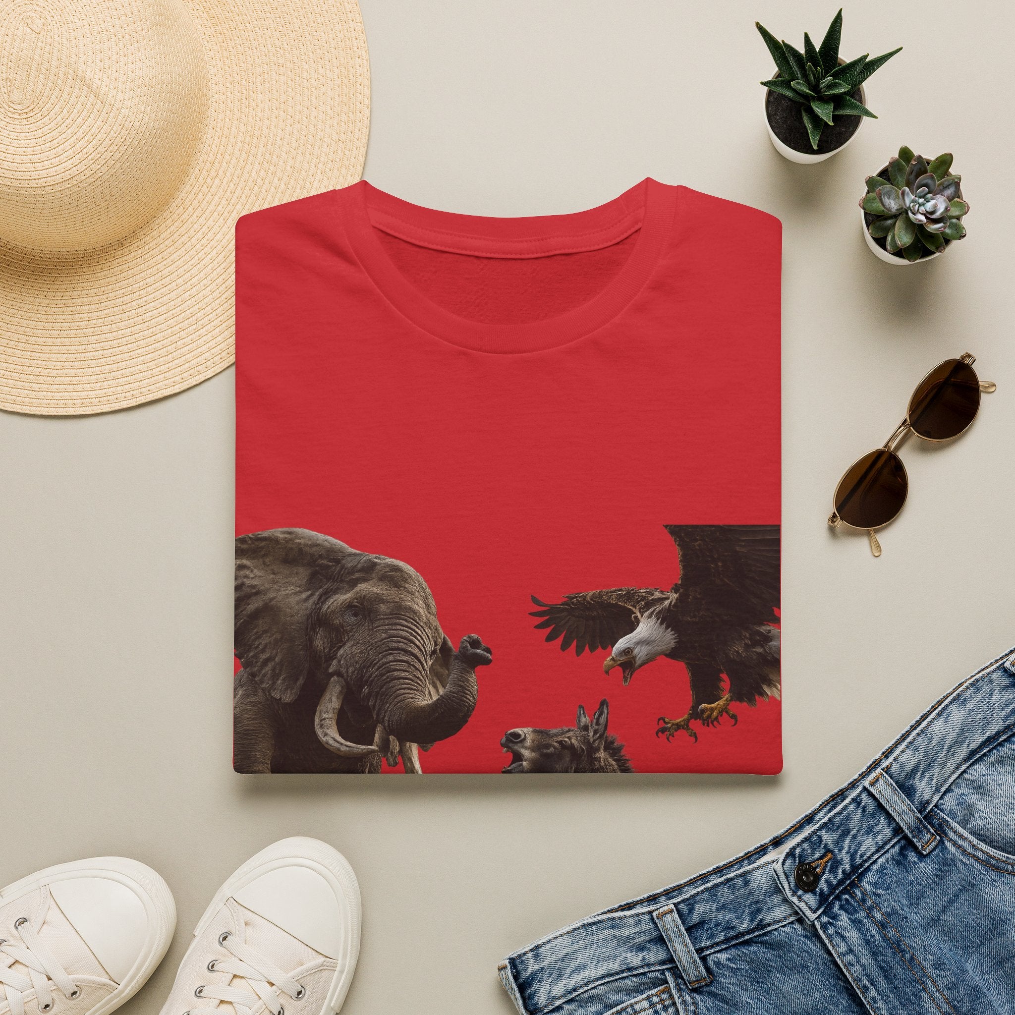 Wildlife Face-Off T-Shirt — Elephant, Eagle & Donkey Nature Scene