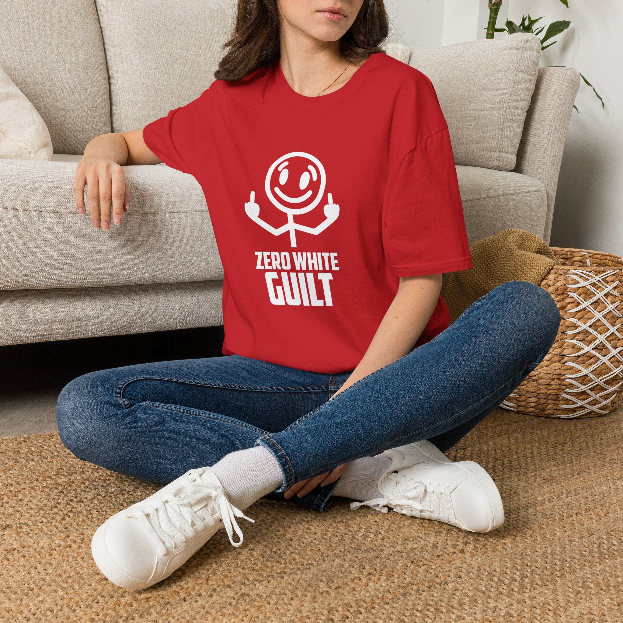Zero White Guilt T-Shirt — Smiley Stick Figure Flipping Off Graphic Tee