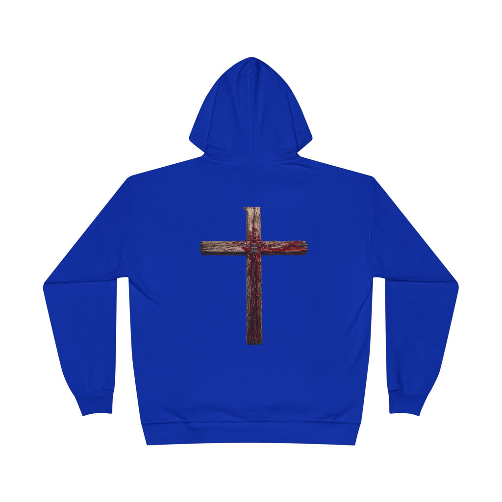 Christian Cross Hoodie — Blue Glow Front & Rustic Back Pullover