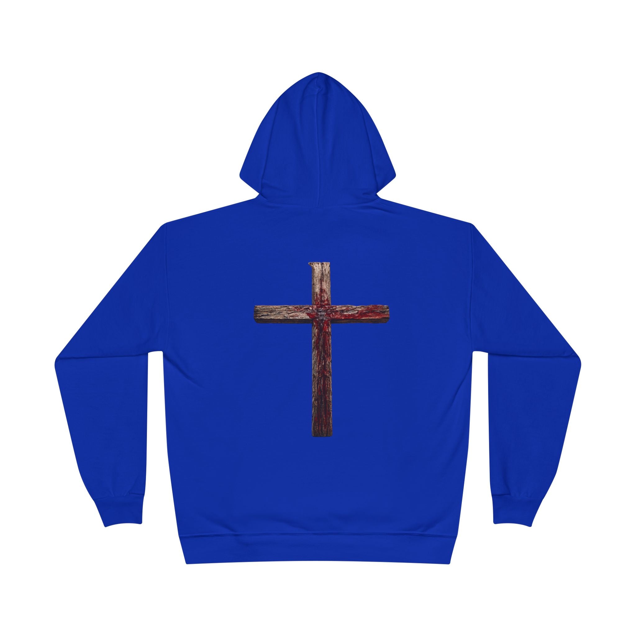 Christian Cross Hoodie — Blue Glow Front & Rustic Back Pullover