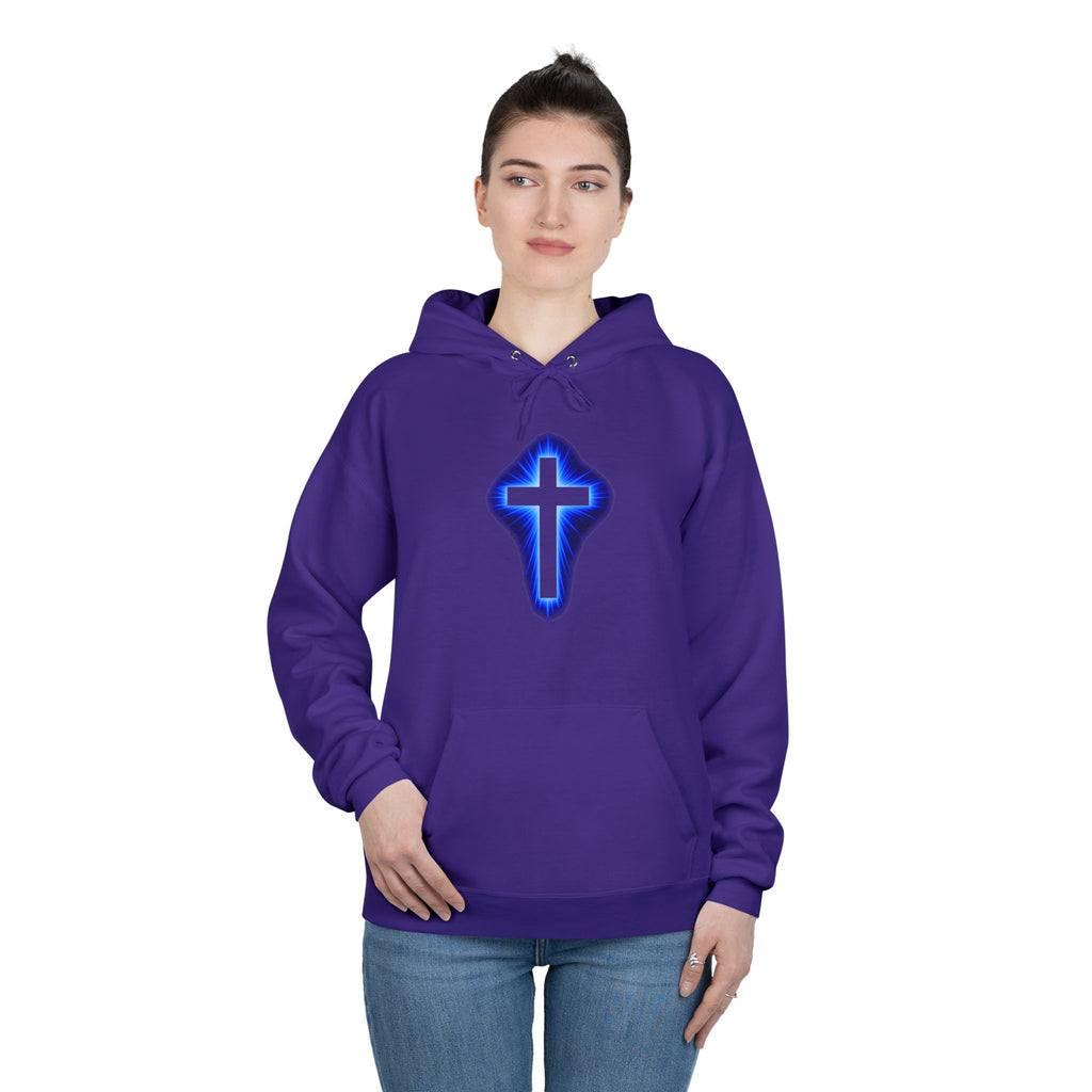 Christian Cross Hoodie — Blue Glow Front & Rustic Back Pullover