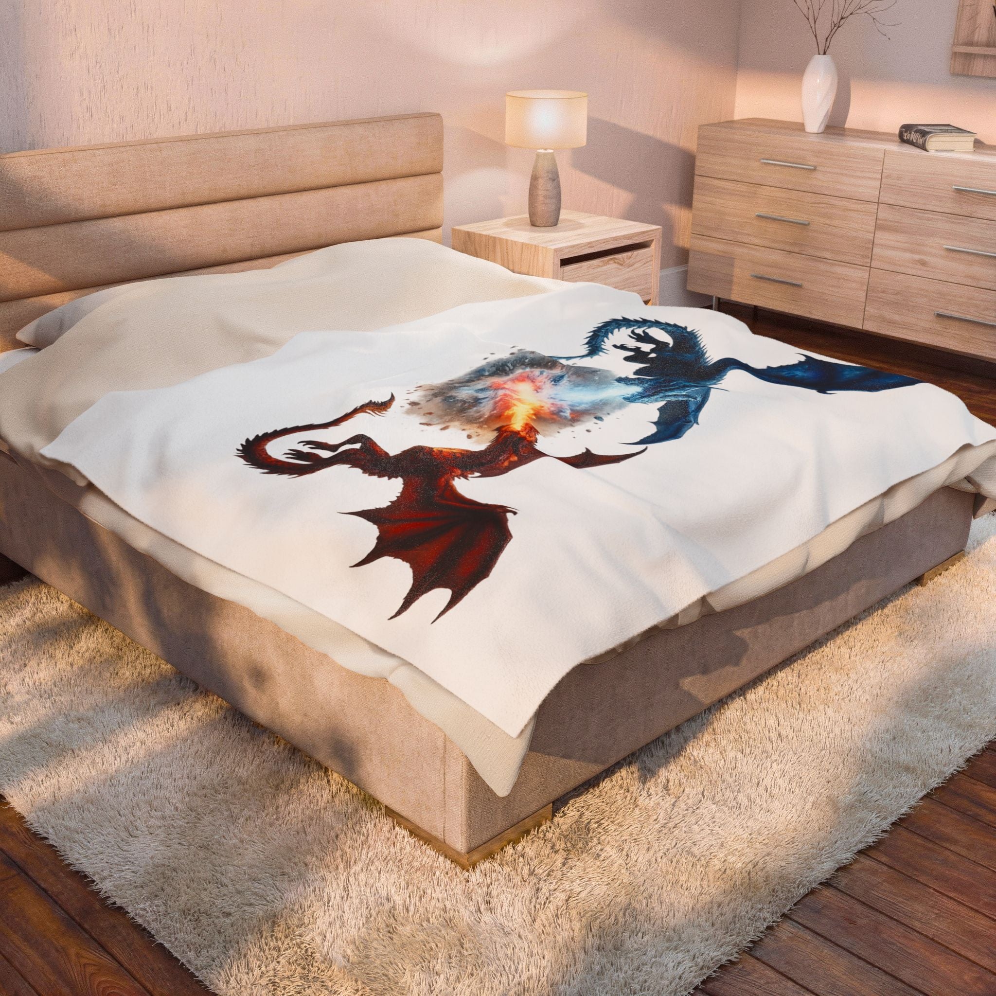Dragon Duel Velveteen Plush Blanket — Blue & Red Fire-Breathing Dragons Throw