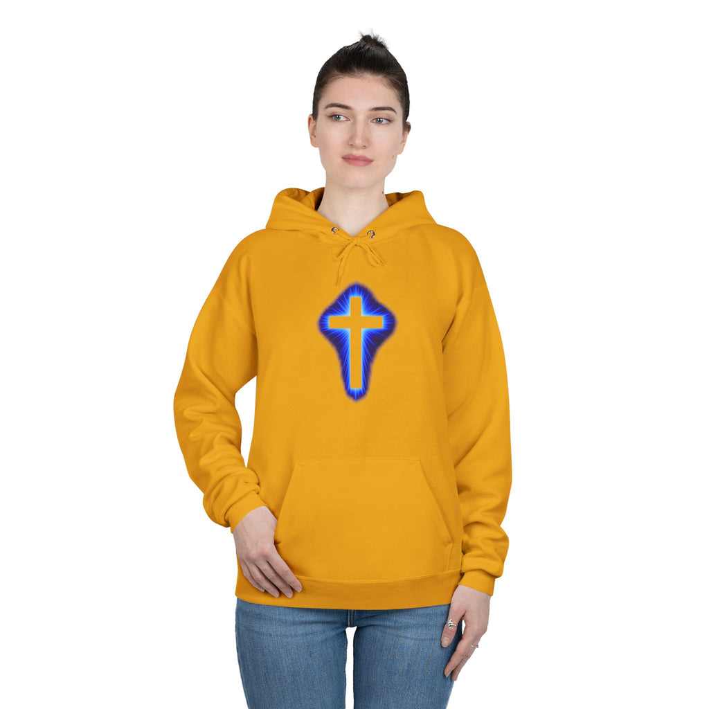 Christian Cross Hoodie — Blue Glow Front & Rustic Back Pullover