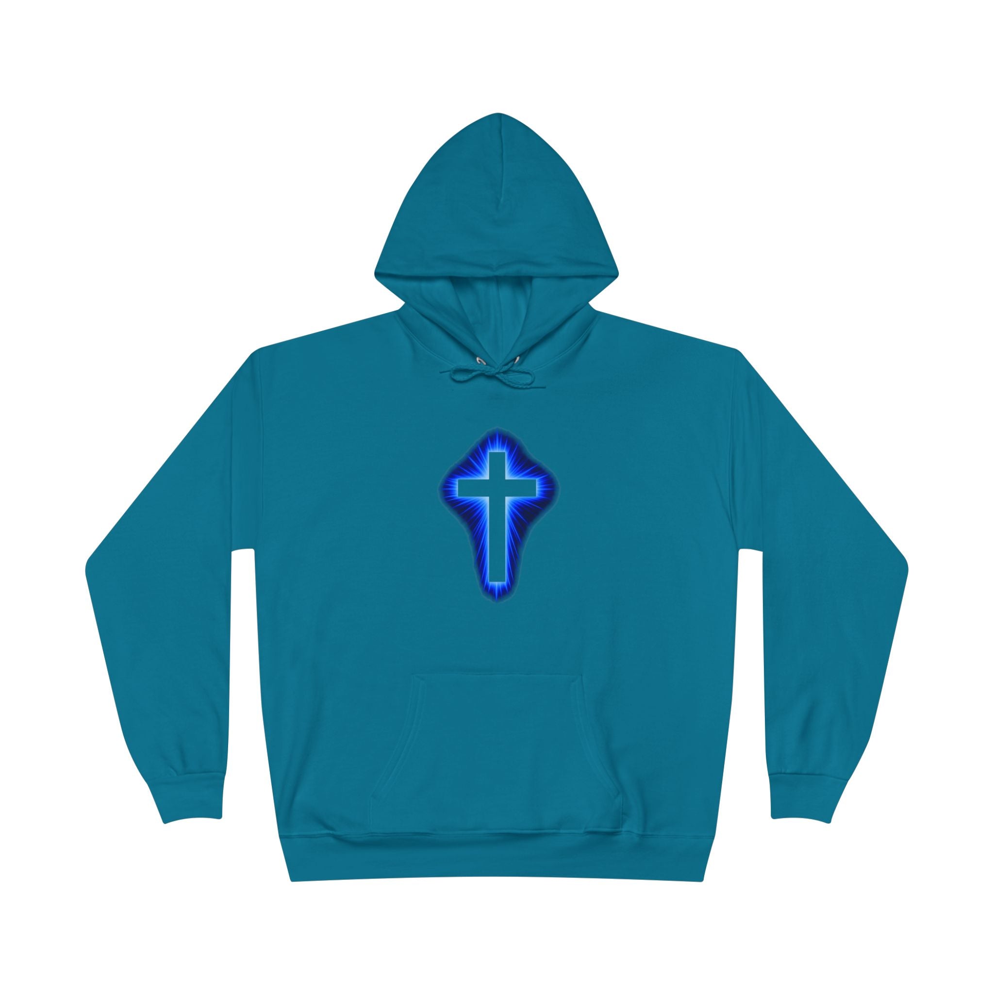 Christian Cross Hoodie — Blue Glow Front & Rustic Back Pullover