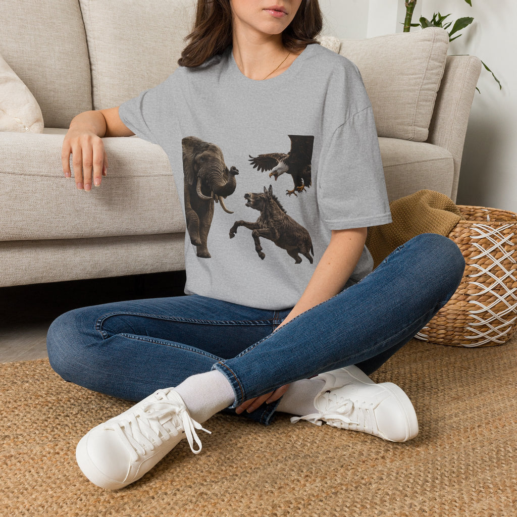 Wildlife Face-Off T-Shirt — Elephant, Eagle & Donkey Nature Scene