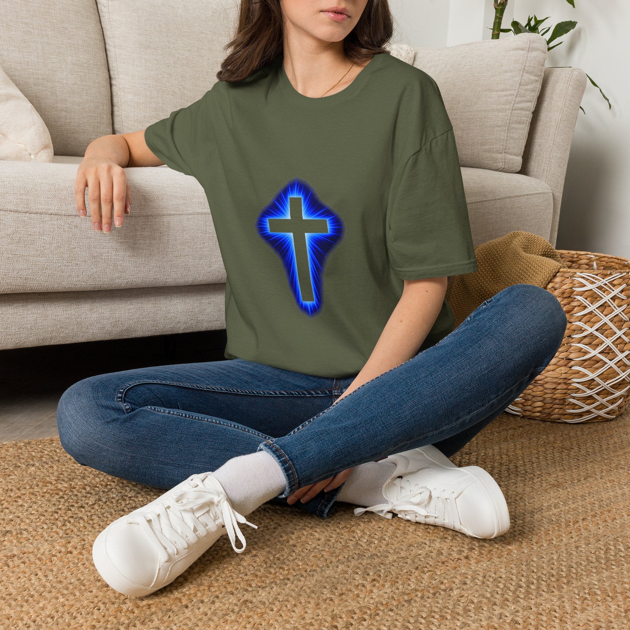 Blue Glowing Cross T‑Shirt — Christian Faith Graphic Tee
