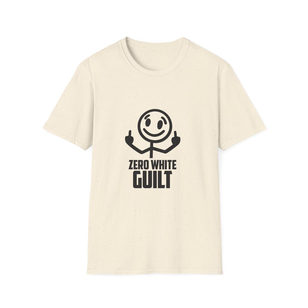 Graphic T-Shirt — 'Zero White Guilt' Smiley Stick Figure Middle Finger