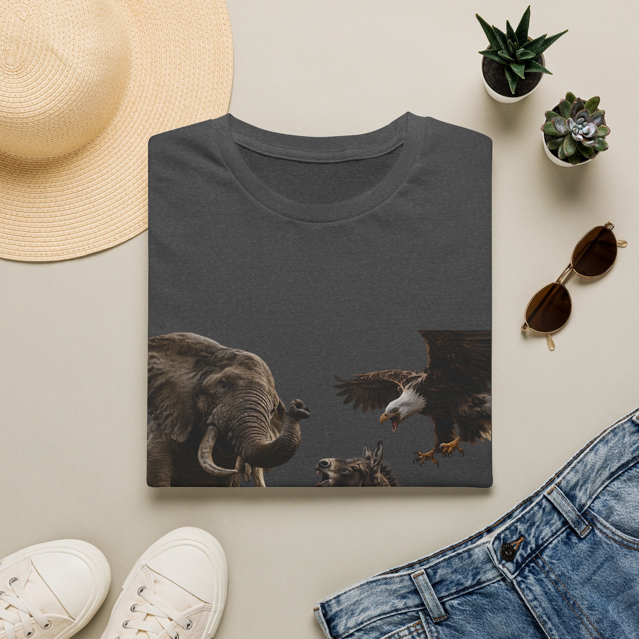 Wildlife Face-Off T-Shirt — Elephant, Eagle & Donkey Nature Scene