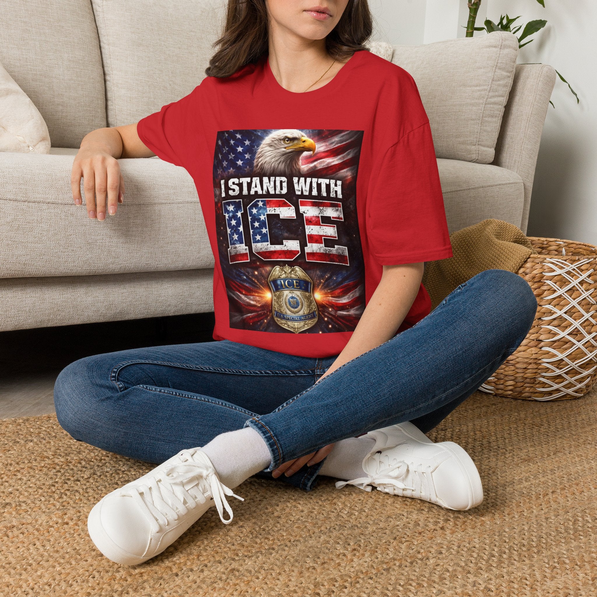 I Stand With ICE American Flag Eagle T-Shirt — Pro-ICE Patriotic Tee