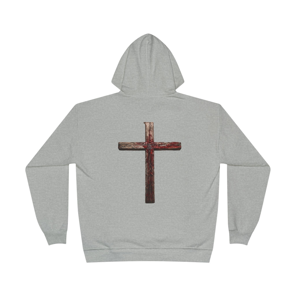 Christian Cross Hoodie — Blue Glow Front & Rustic Back Pullover