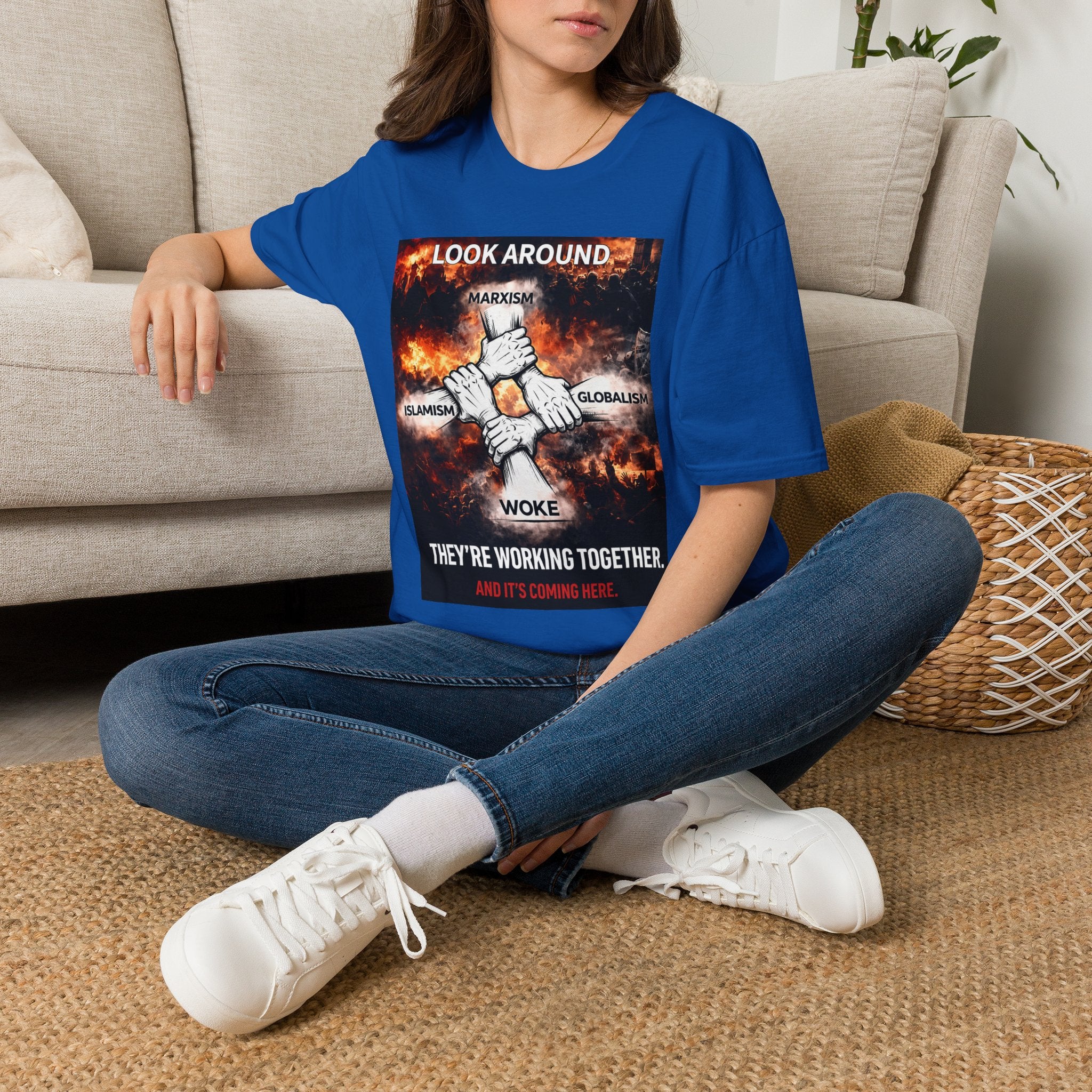 Political Graphic T-Shirt — "Look Around" Protest Design
