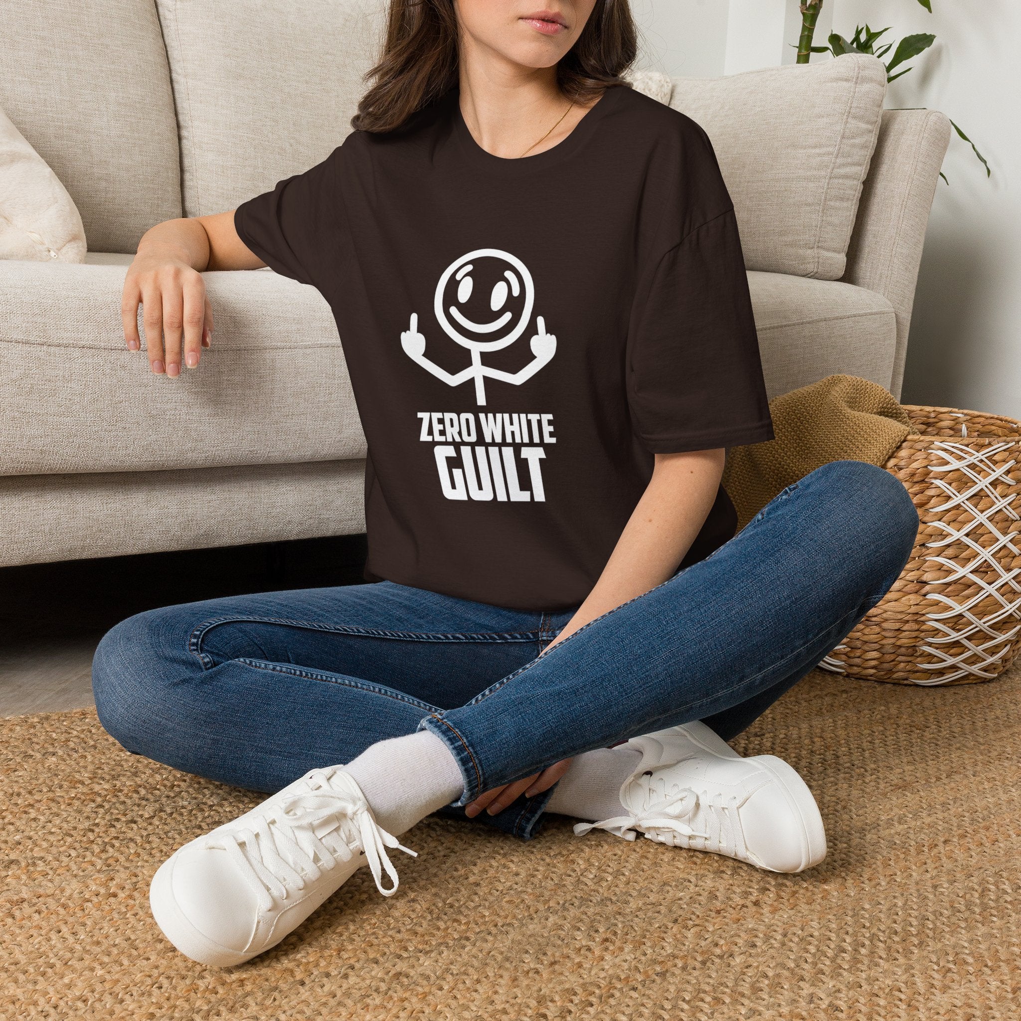 Zero White Guilt T-Shirt — Smiley Stick Figure Flipping Off Graphic Tee