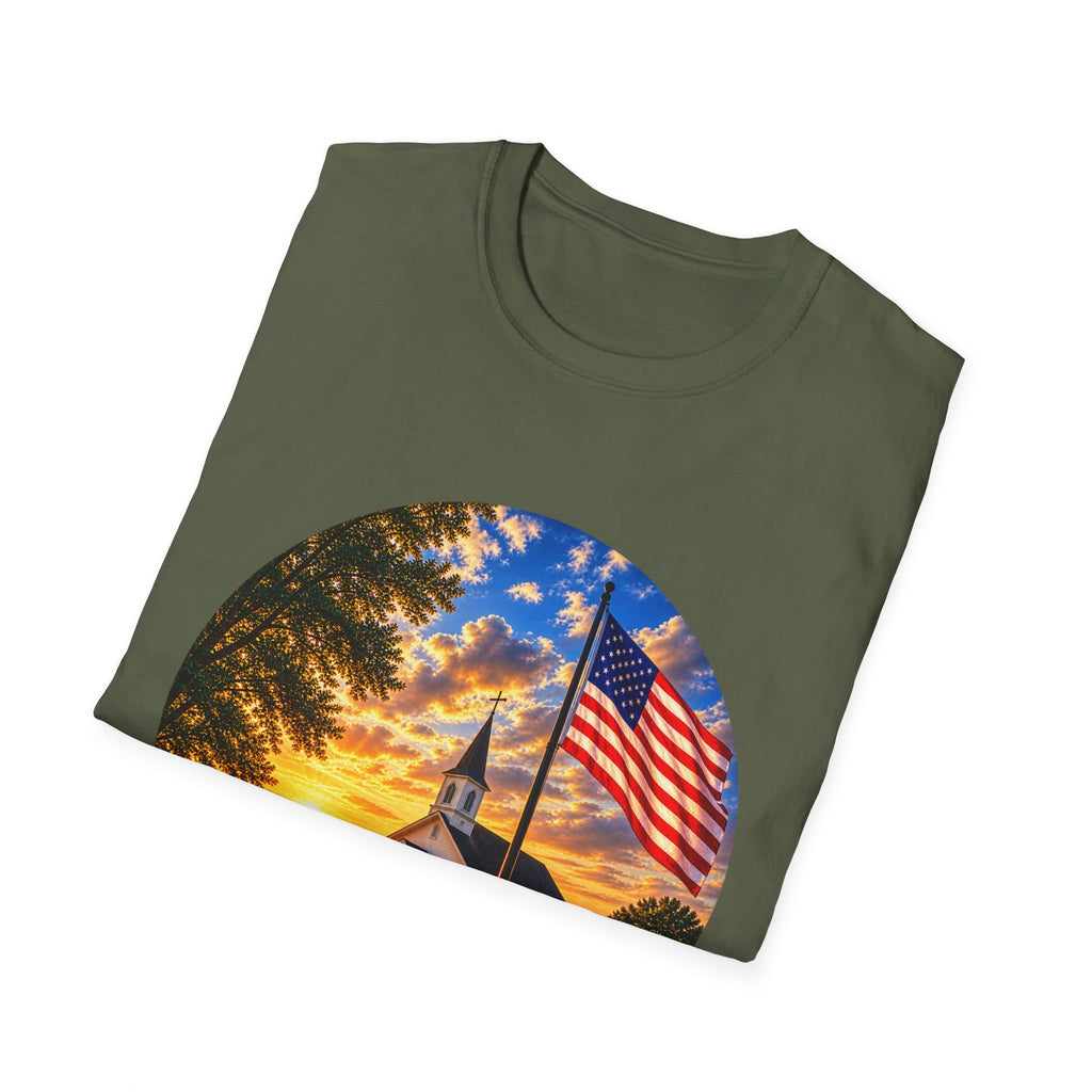 Patriotic Church Sunset T-Shirt — American Flag Chapel Scene