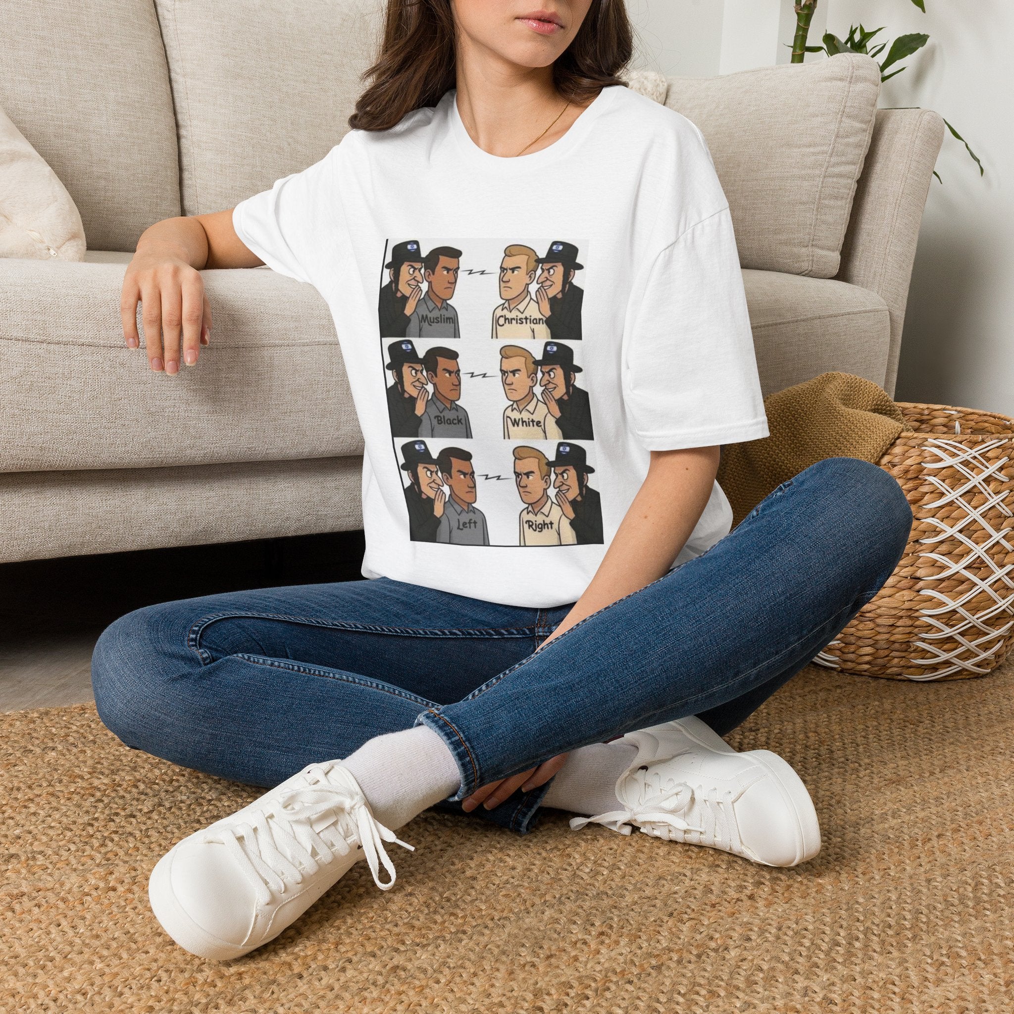 T-Shirt — Political Meme Panel Tee (Muslim vs Christian Conversation Graphic)