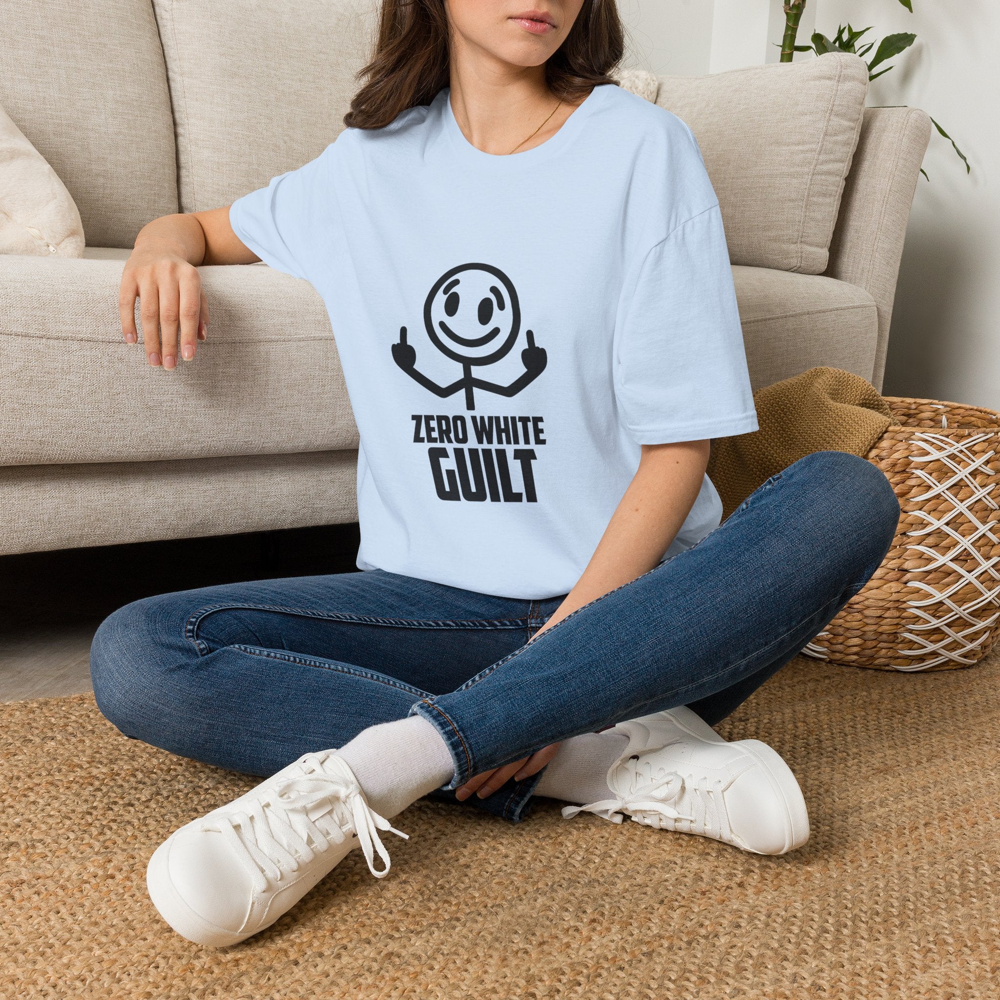 Graphic T-Shirt — 'Zero White Guilt' Smiley Stick Figure Middle Finger