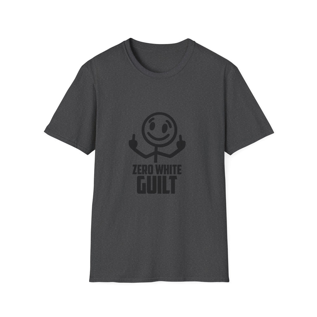 Graphic T-Shirt — 'Zero White Guilt' Smiley Stick Figure Middle Finger