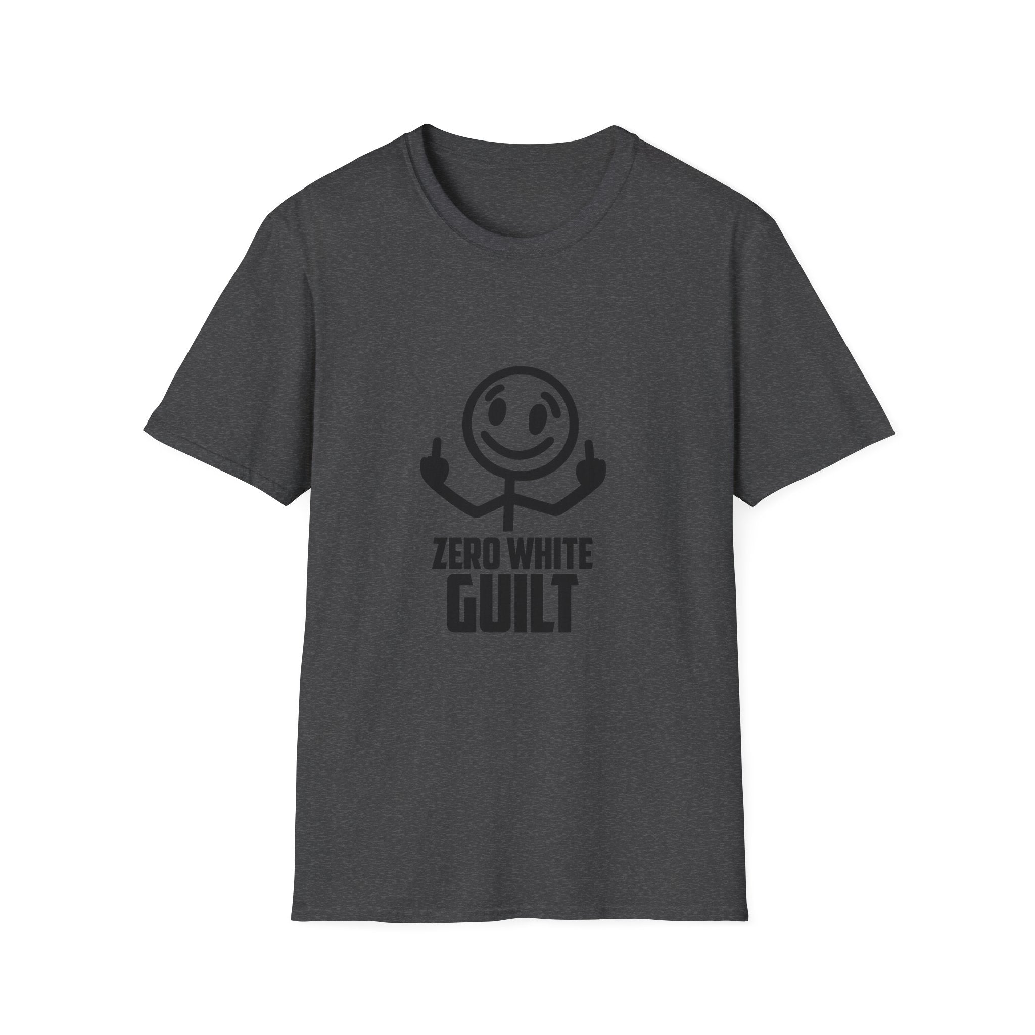 Graphic T-Shirt — 'Zero White Guilt' Smiley Stick Figure Middle Finger