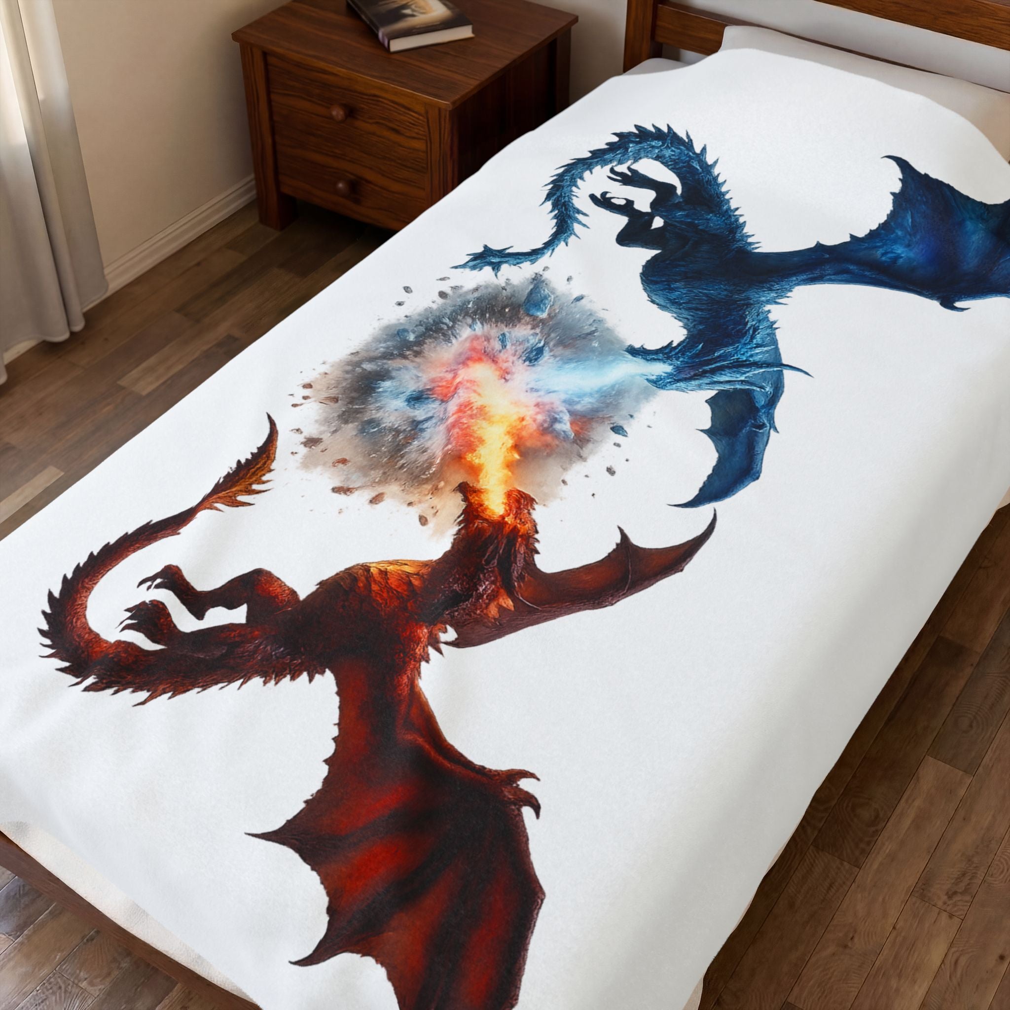 Dragon Duel Velveteen Plush Blanket — Blue & Red Fire-Breathing Dragons Throw