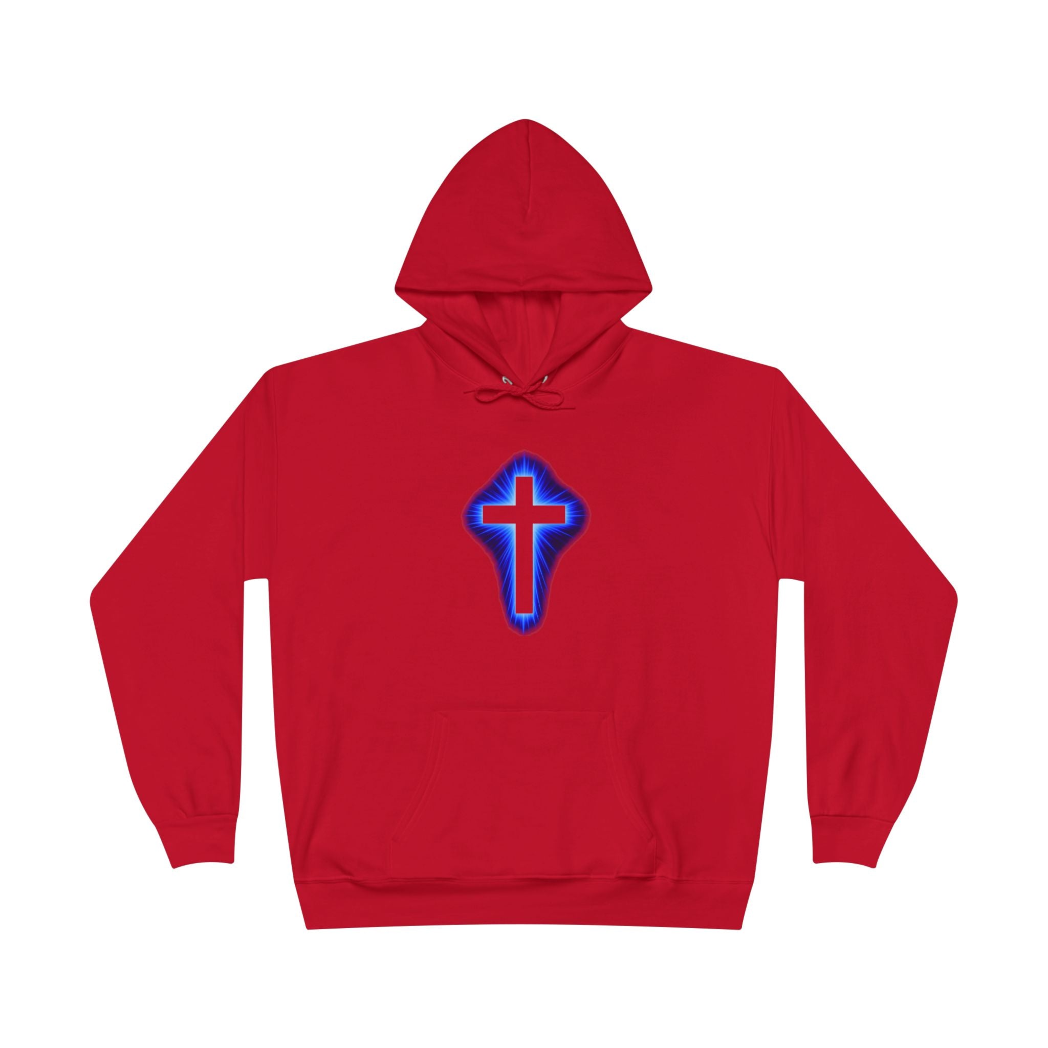 Christian Cross Hoodie — Blue Glow Front & Rustic Back Pullover