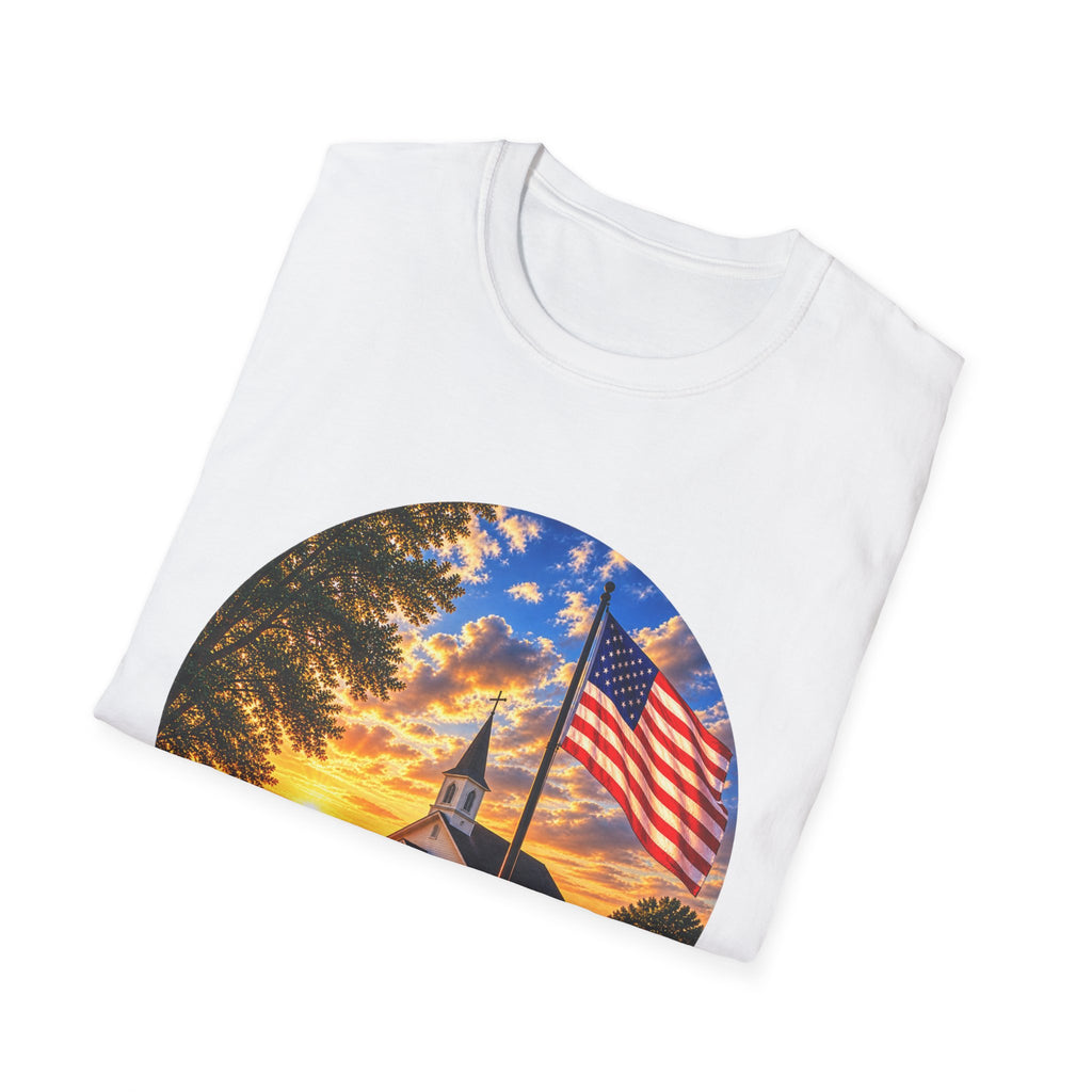 Patriotic Church Sunset T-Shirt — American Flag Chapel Scene