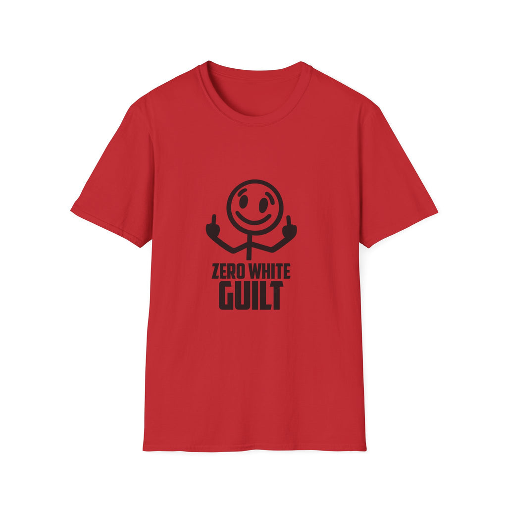 Graphic T-Shirt — 'Zero White Guilt' Smiley Stick Figure Middle Finger