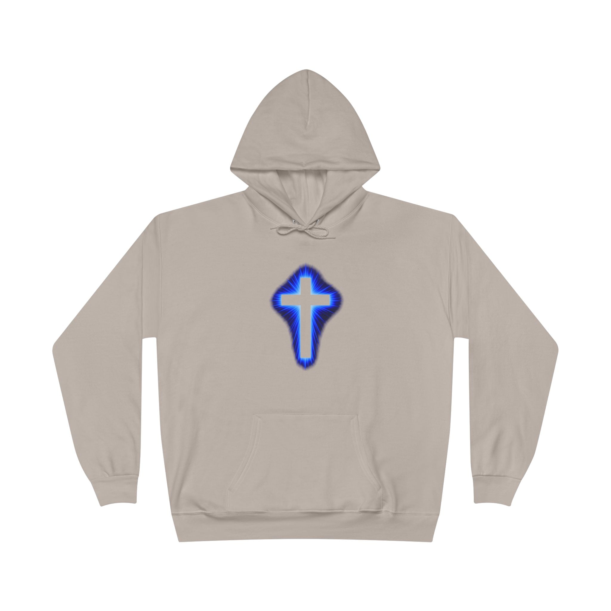 Christian Cross Hoodie — Blue Glow Front & Rustic Back Pullover