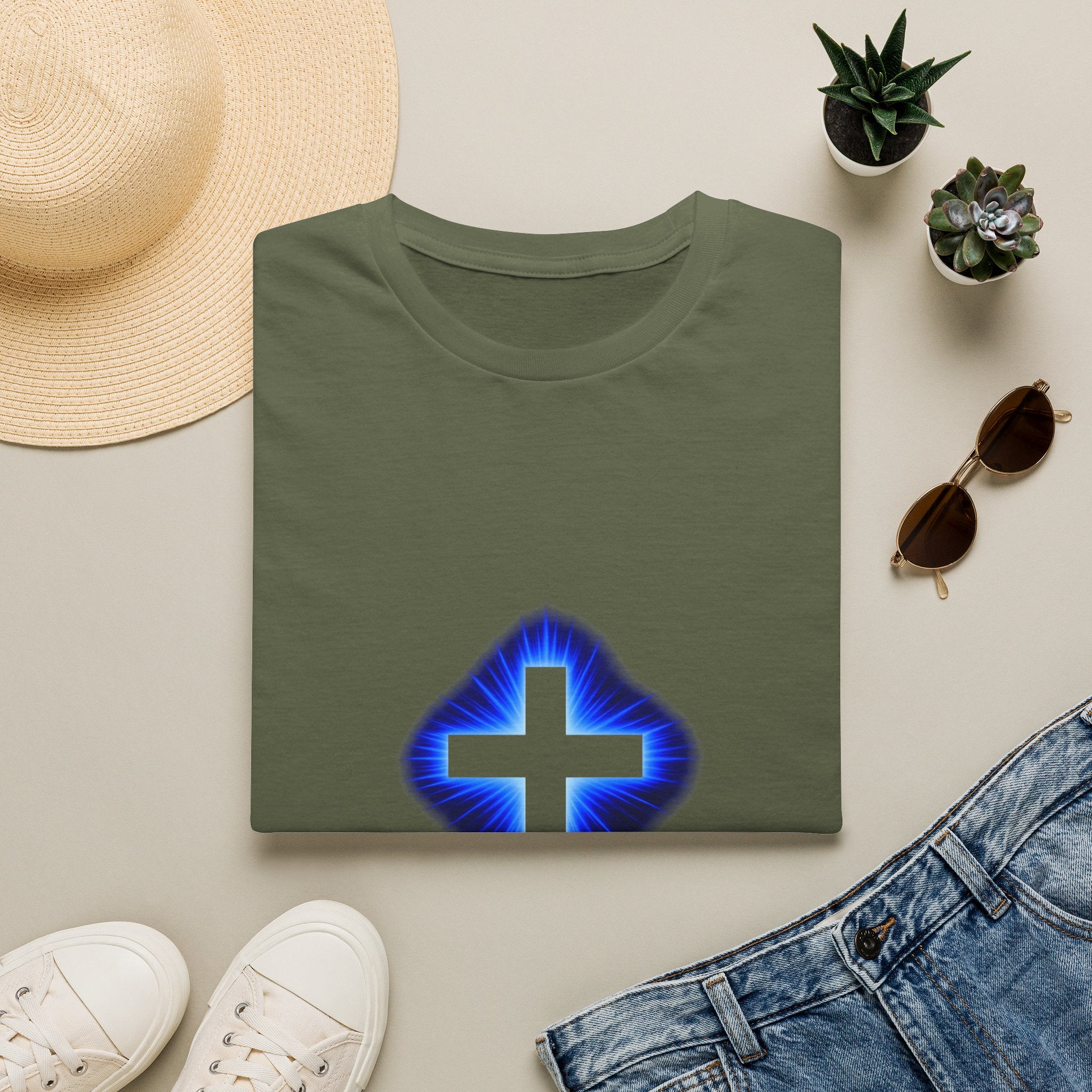Blue Glowing Cross T‑Shirt — Christian Faith Graphic Tee