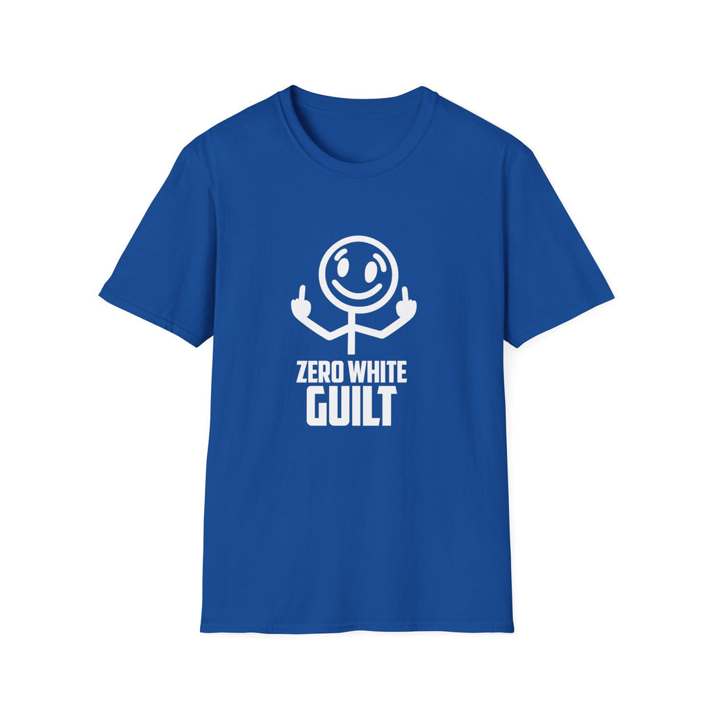 Zero White Guilt T-Shirt — Smiley Stick Figure Flipping Off Graphic Tee