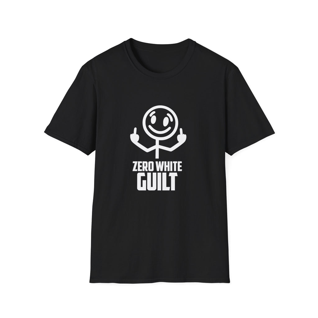 Zero White Guilt T-Shirt — Smiley Stick Figure Flipping Off Graphic Tee