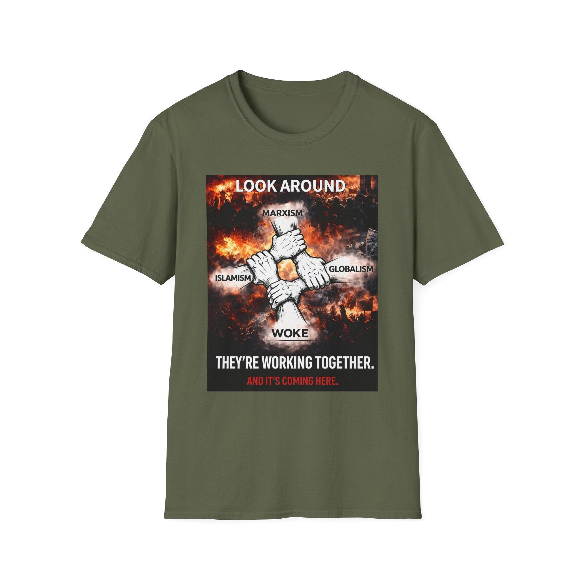 Political Graphic T-Shirt — "Look Around" Protest Design