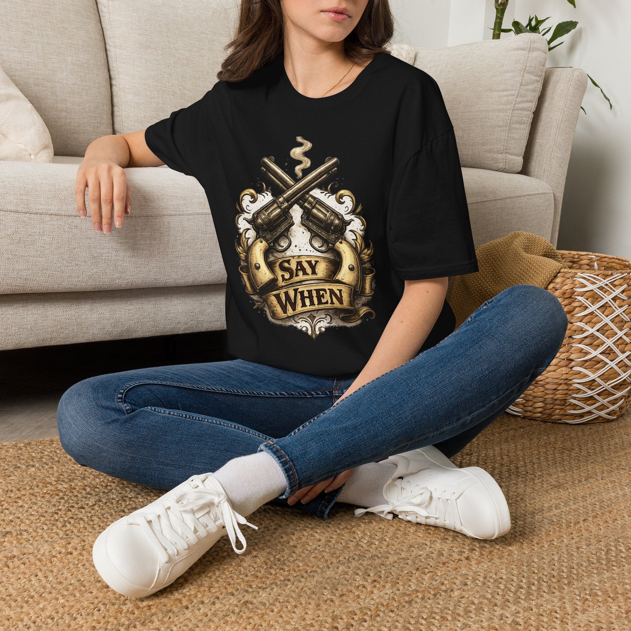 Western Revolver T‑Shirt — "Say When" Vintage Gun Graphic